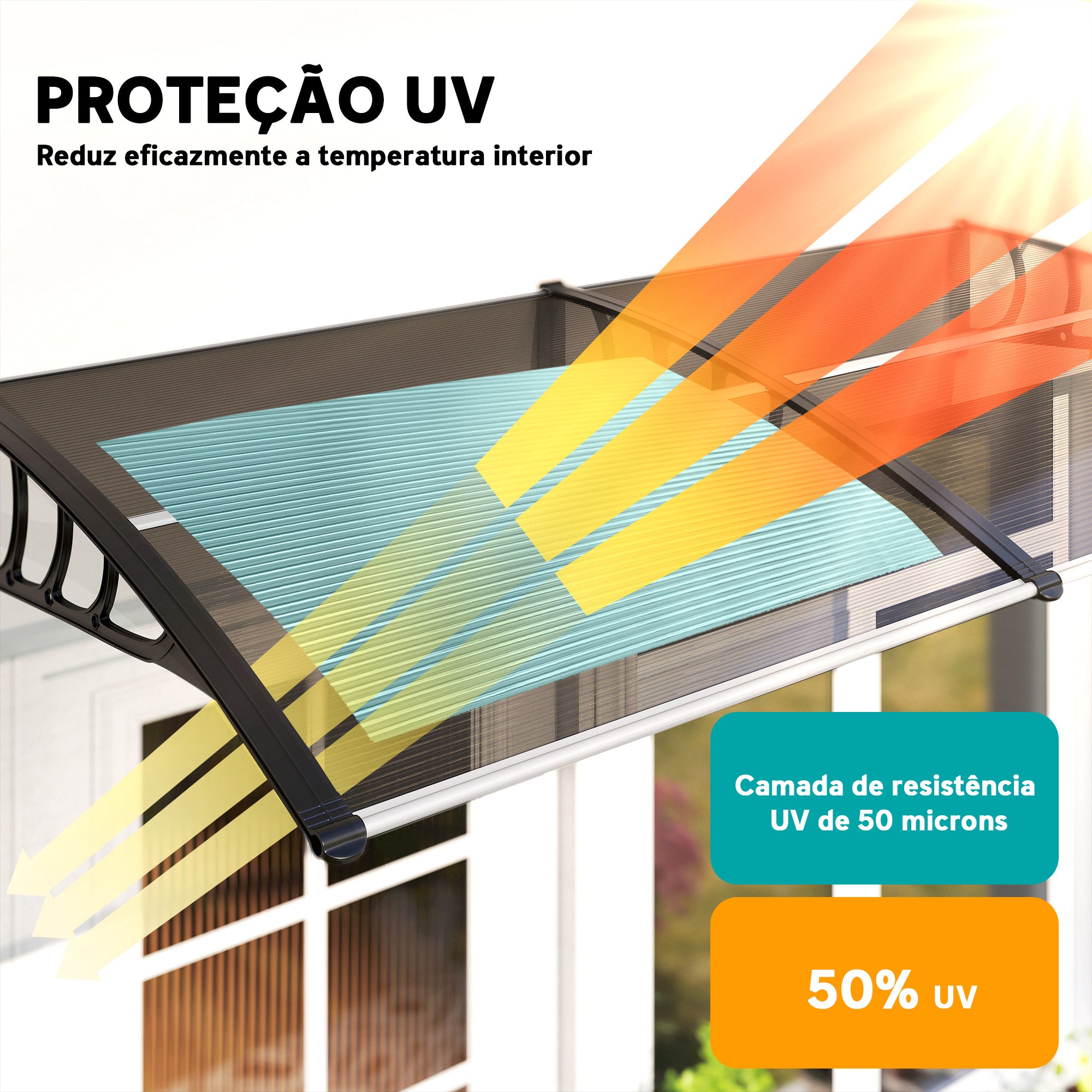 Marquise de Proteção Exterior – 200x96 cm – Preto e Marrom – Policarbonato, alumínio e PP