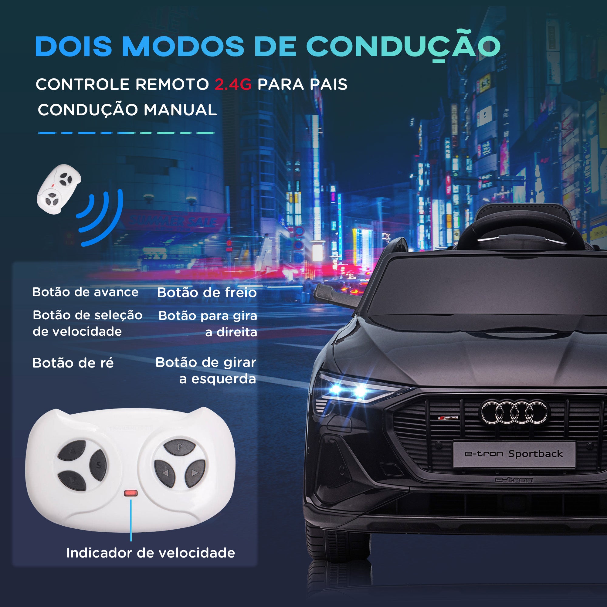 Carro Elétrico Infantil Preto 108x60x47 cm com Controle Remoto e Música