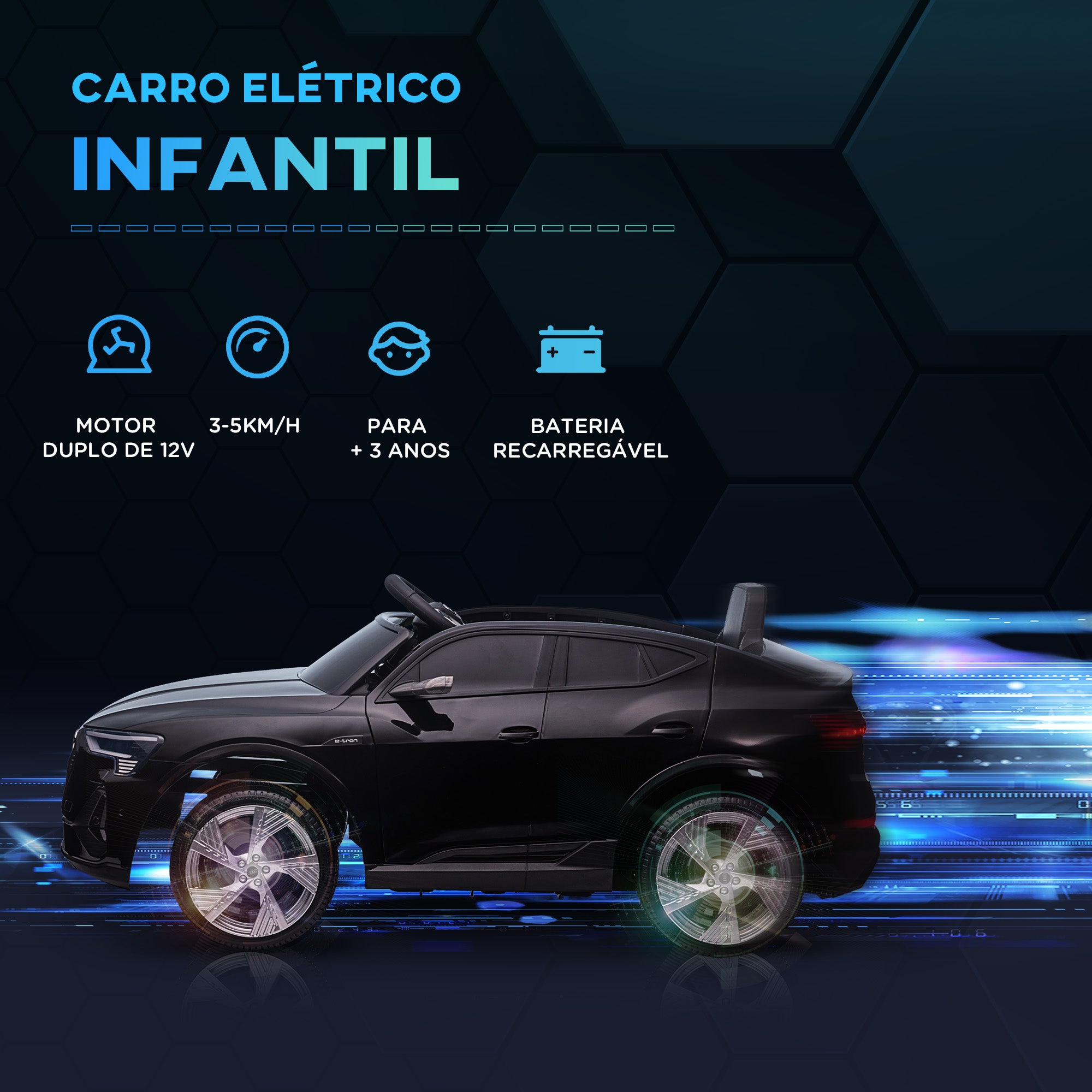 Carro Elétrico Infantil Preto 108x60x47 cm com Controle Remoto e Música