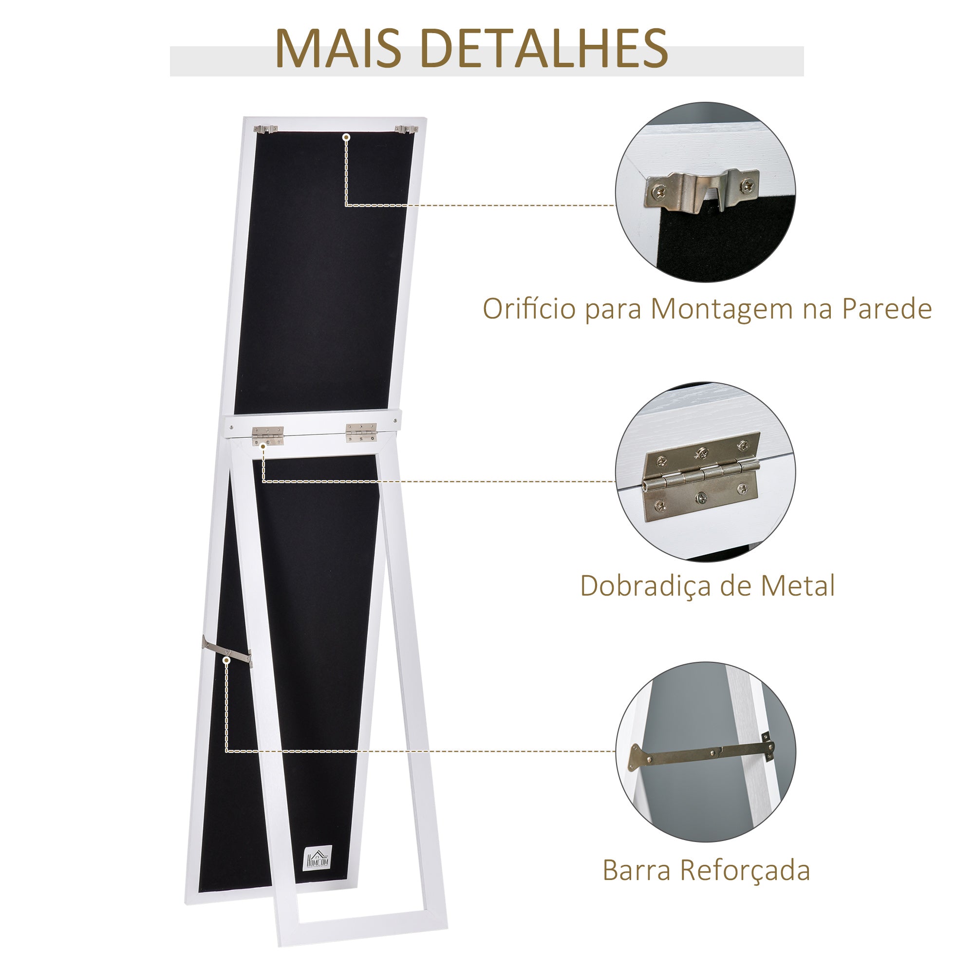 Espelho de Pé de Corpo Inteiro Retangular 37x48x152cm Branco