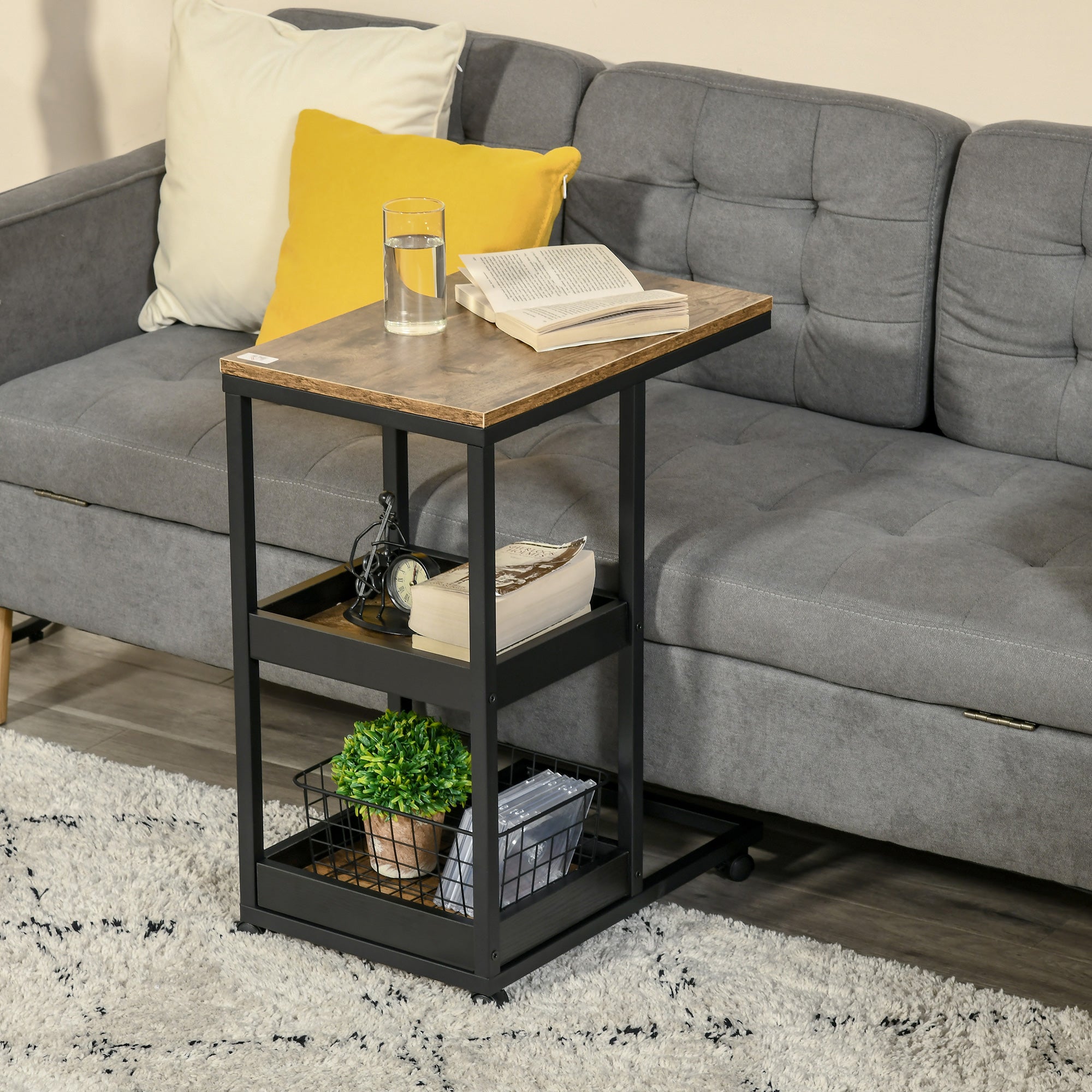 Mesa Auxiliar Industrial em Forma de C com Rodas – 51x33x66 cm – Marrom Escuro e Preto – Aço e MDF