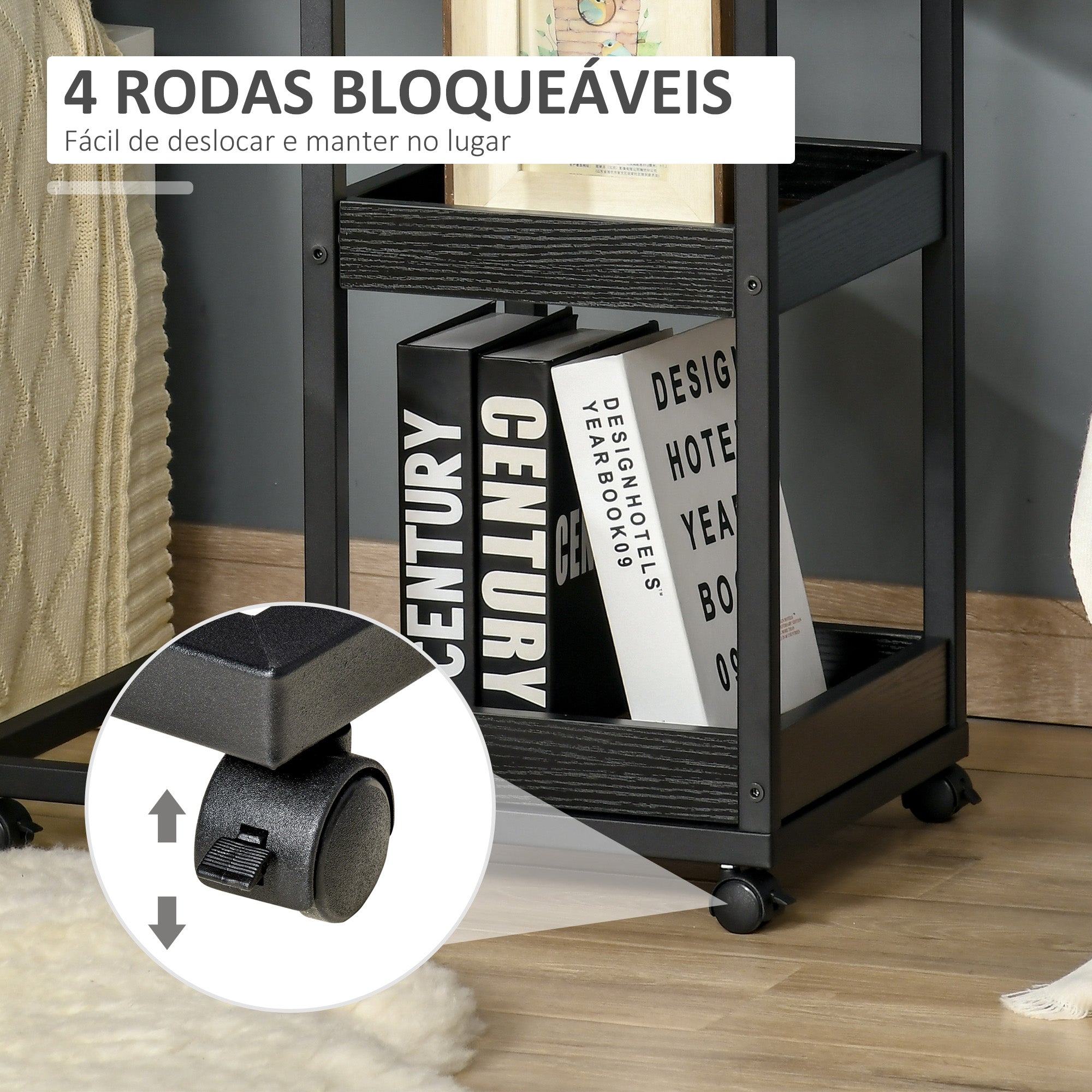 Mesa Auxiliar Industrial em Forma de C com Rodas – 51x33x66 cm – Marrom Escuro e Preto – Aço e MDF