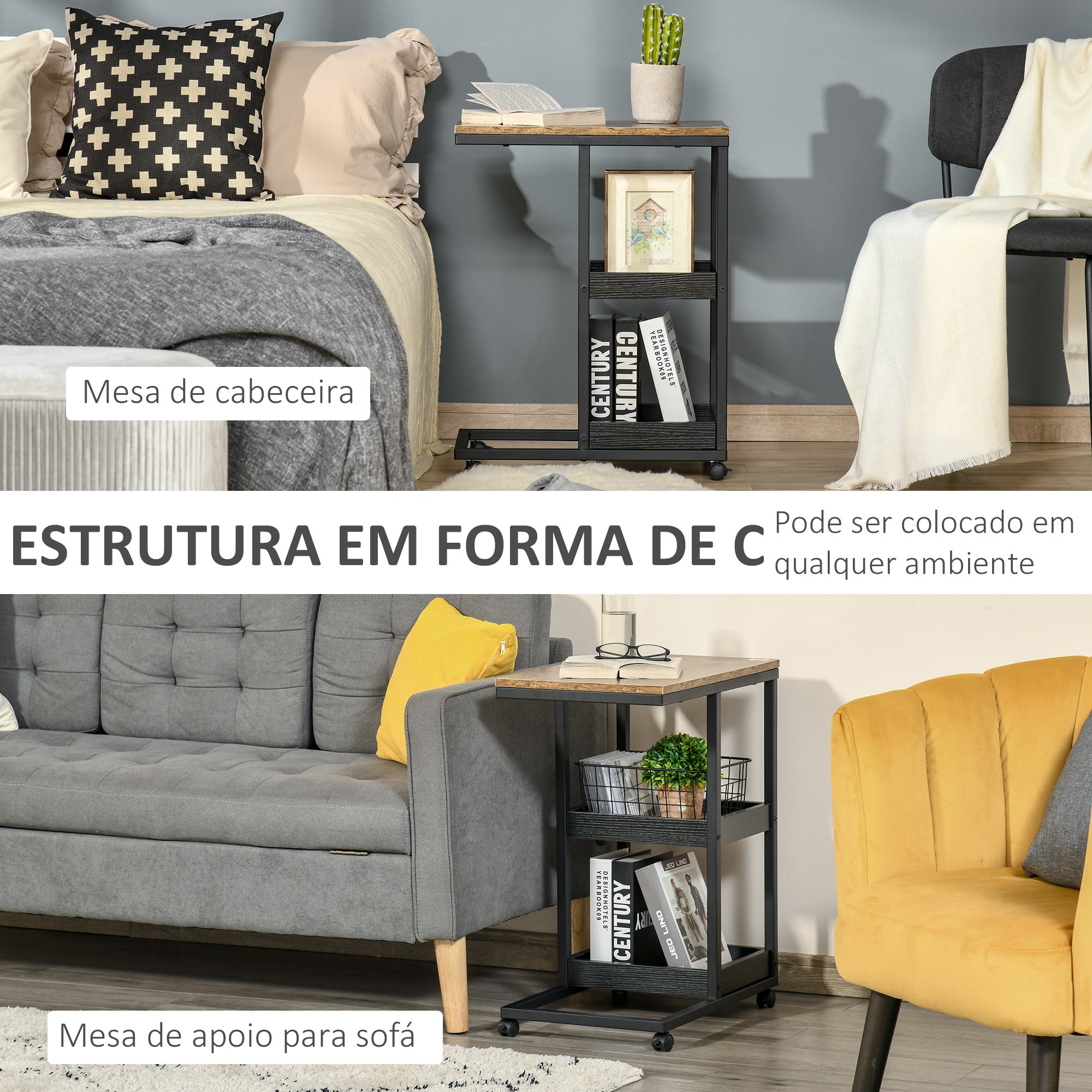 Mesa Auxiliar Industrial em Forma de C com Rodas – 51x33x66 cm – Marrom Escuro e Preto – Aço e MDF