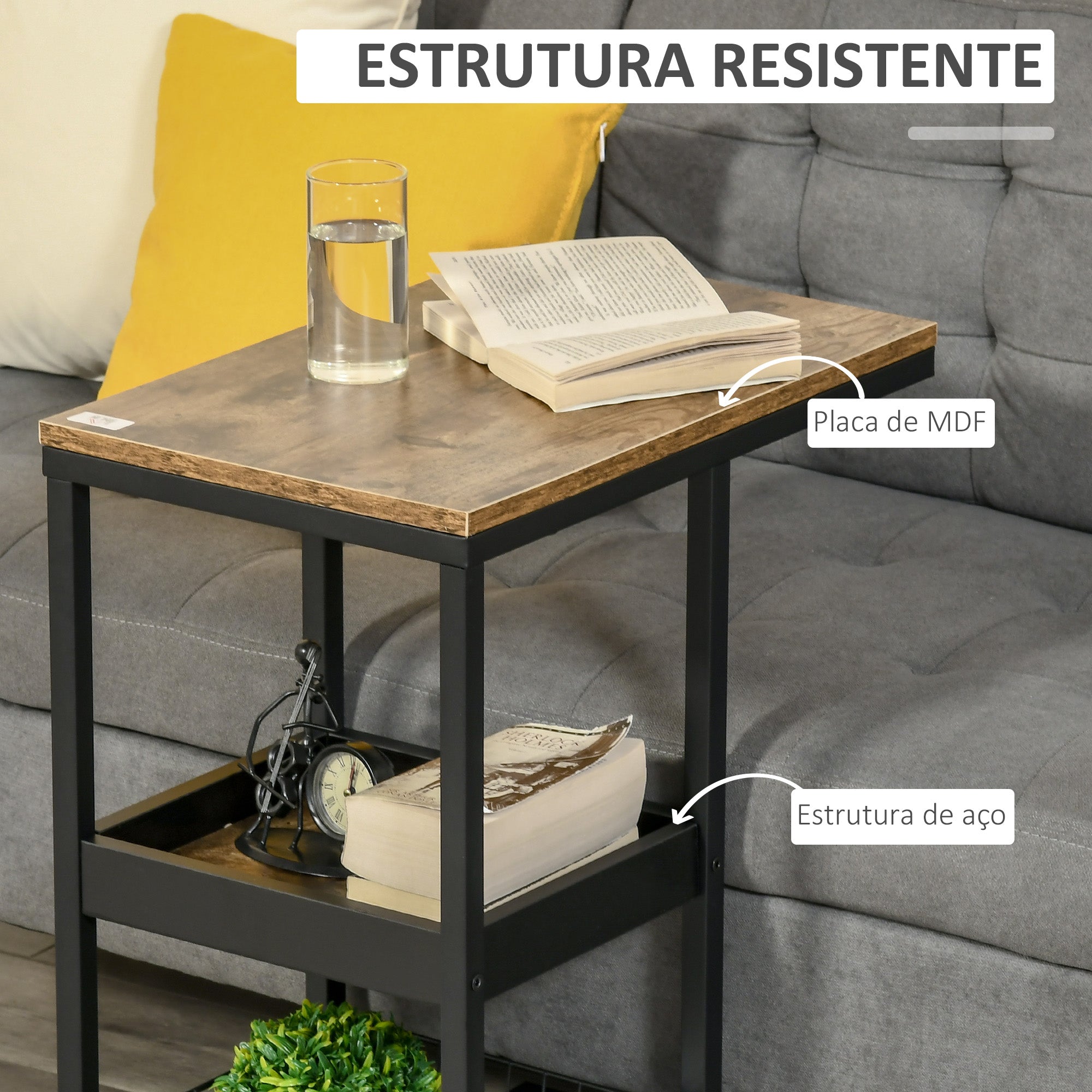 Mesa Auxiliar Industrial em Forma de C com Rodas – 51x33x66 cm – Marrom Escuro e Preto – Aço e MDF