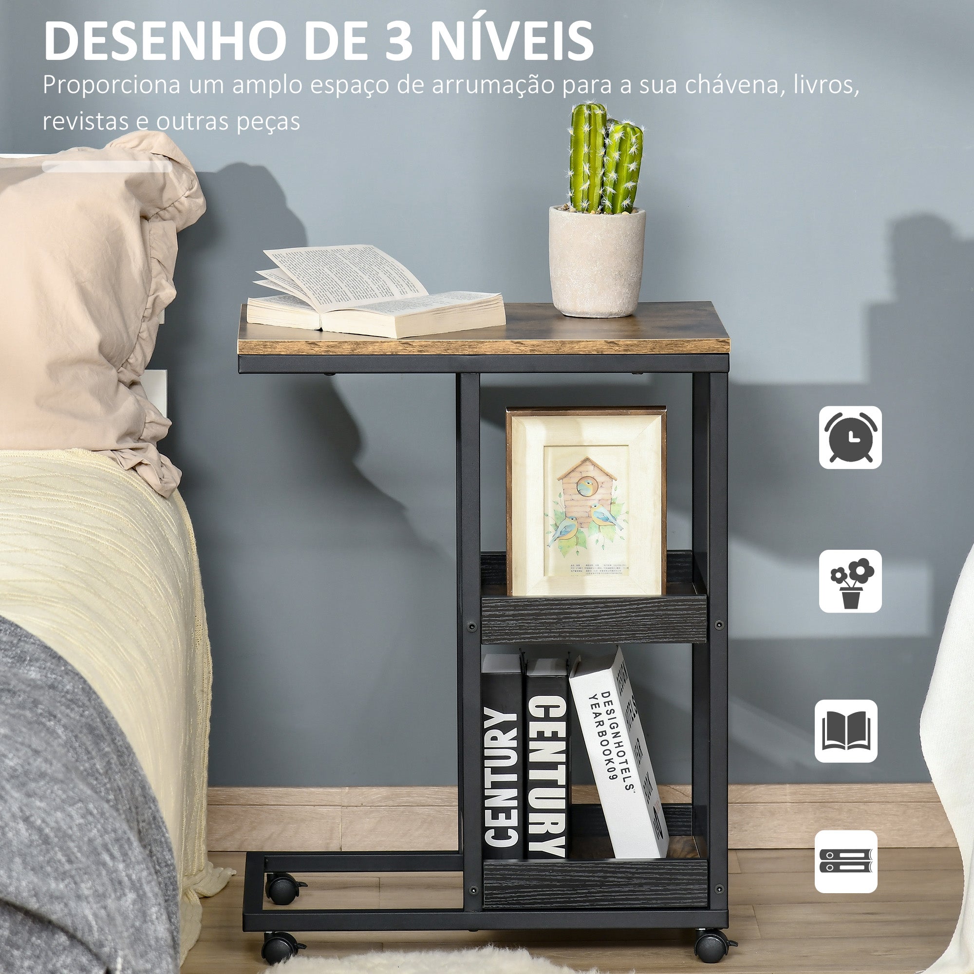 Mesa Auxiliar Industrial em Forma de C com Rodas – 51x33x66 cm – Marrom Escuro e Preto – Aço e MDF