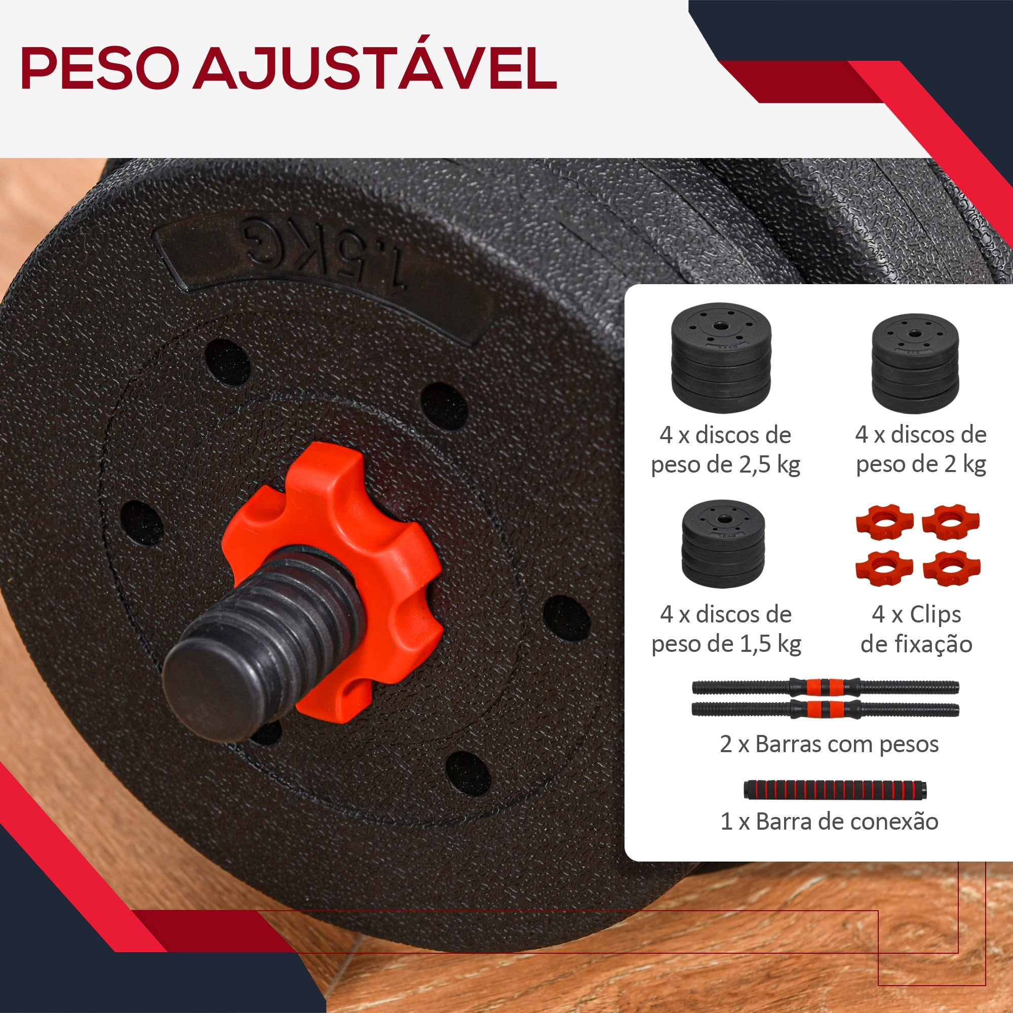 Conjunto de Halteres 2 em 1 - 25 kg - Preto Ø25x4 cm