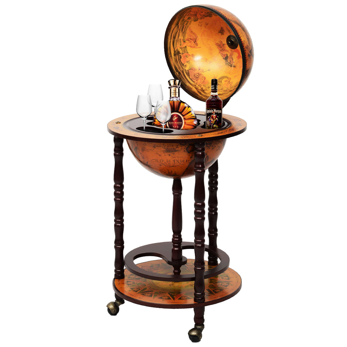 Estante de Vinhos com Design Vintage em Forma de Globo Minibar com Carrinho de Bar e Rodas