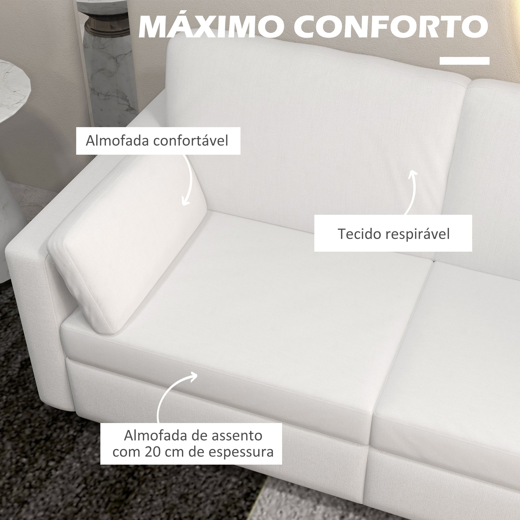 Sofá de 3 Lugares Creme Branco 178x82x85 cm - Estofado em Poliéster