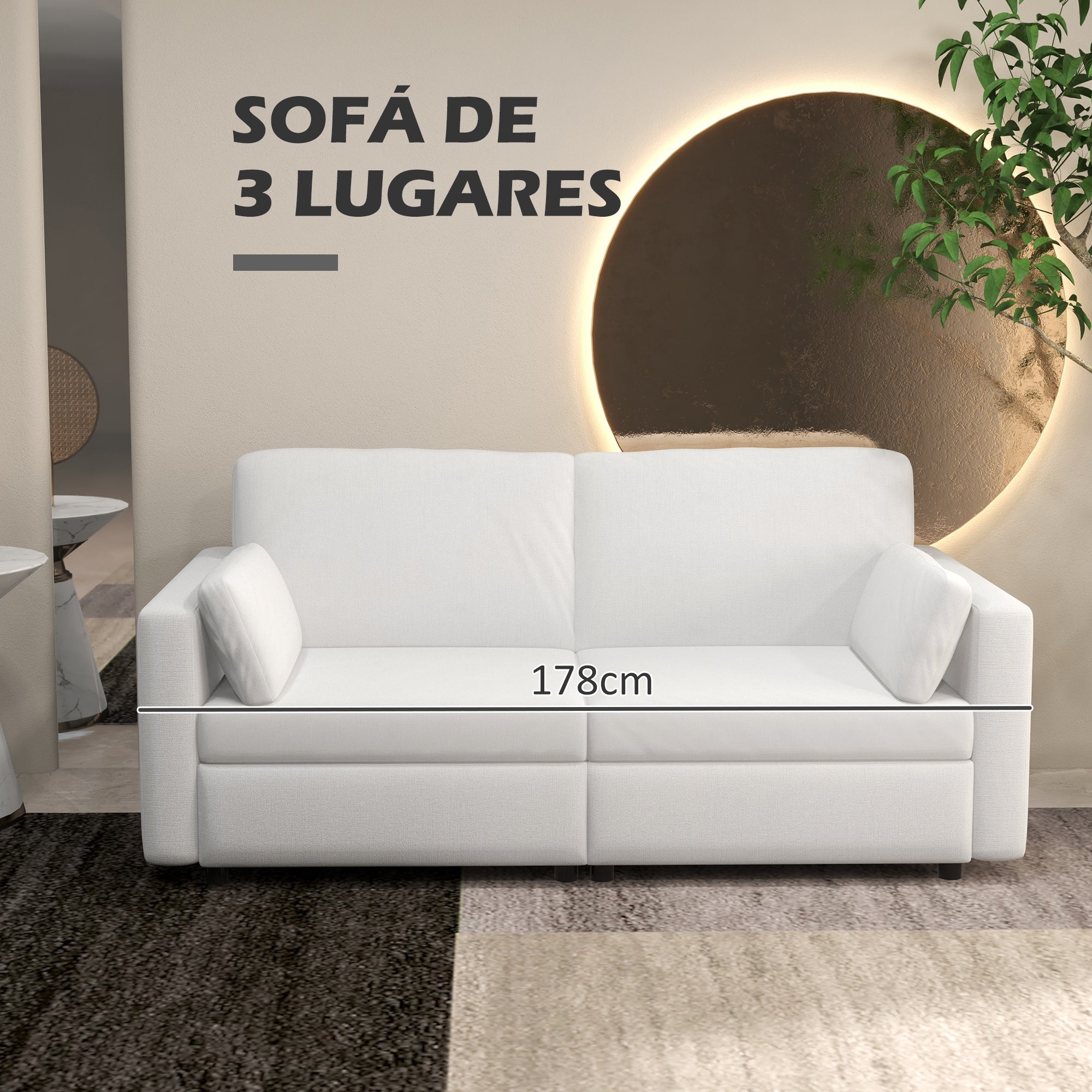 Sofá de 3 Lugares Creme Branco 178x82x85 cm - Estofado em Poliéster