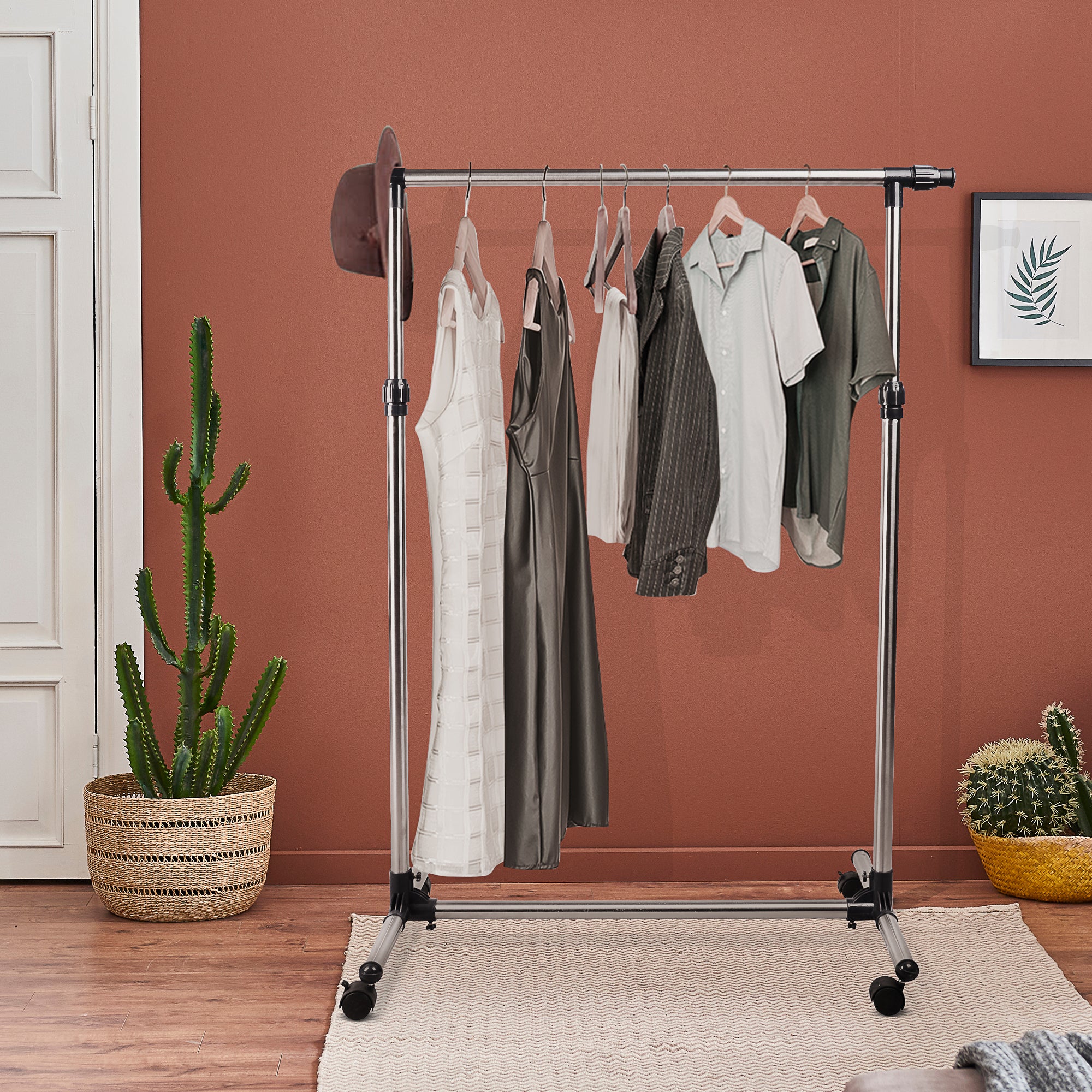 Cabideiro Ajustável em Aço Inoxidável 86-160x45x95-170cm - Prata