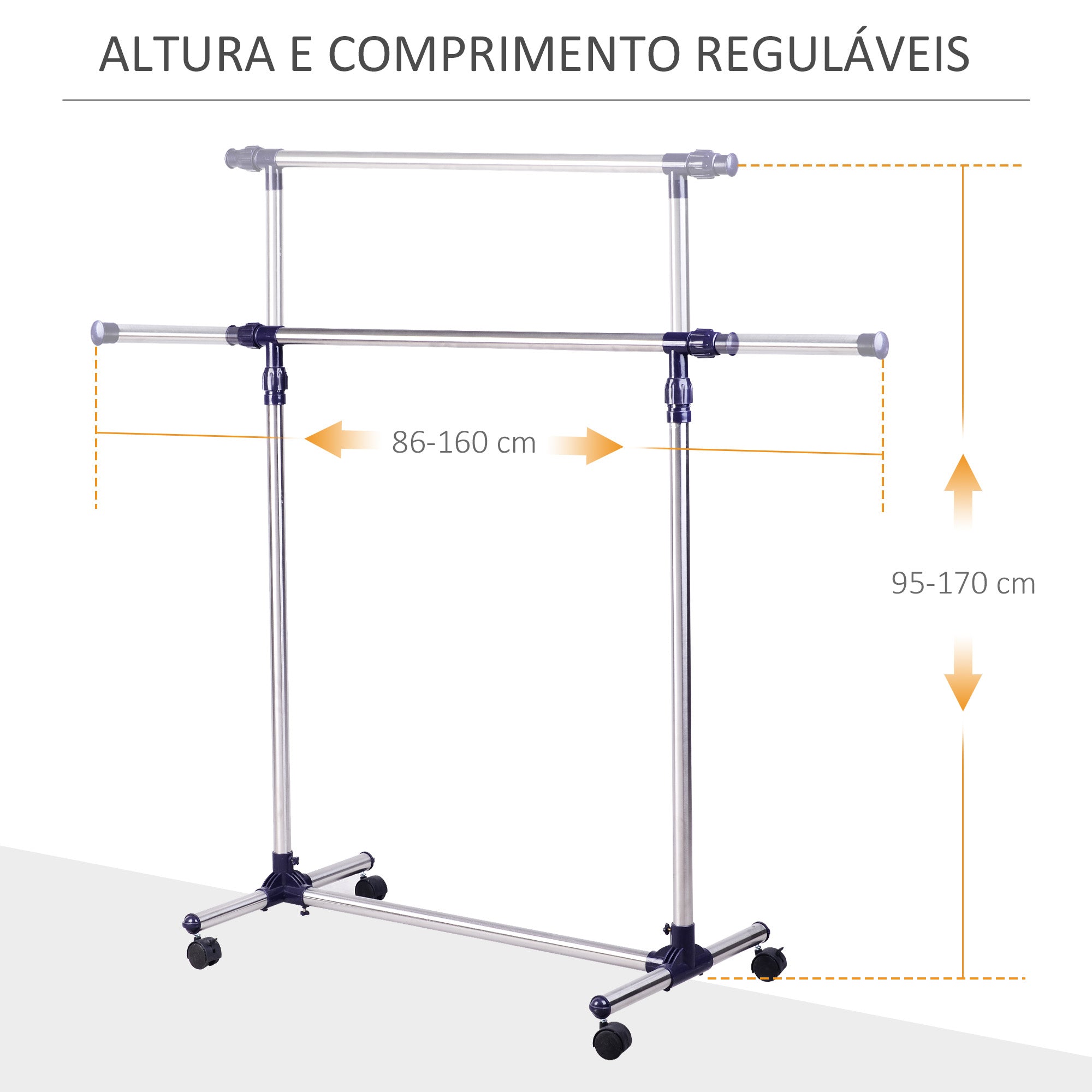 Cabideiro Ajustável em Aço Inoxidável 86-160x45x95-170cm - Prata