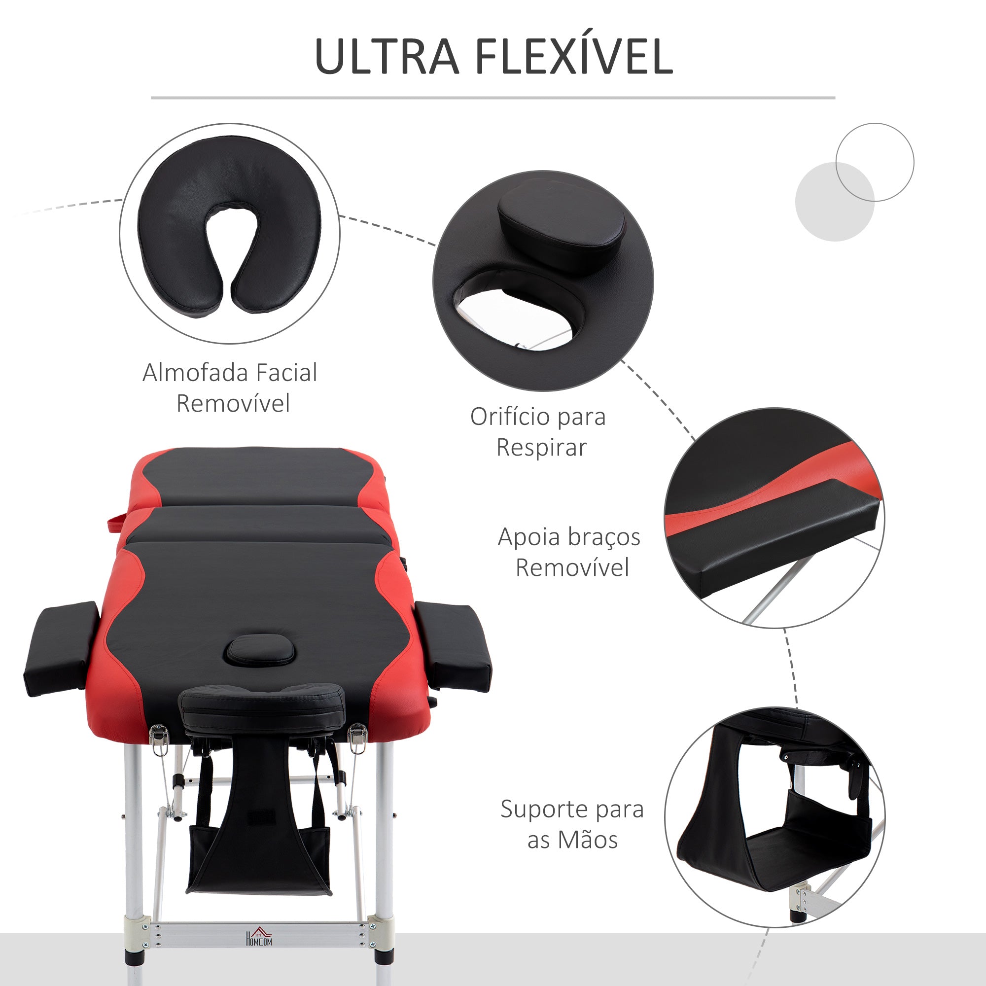 Marquesa de Massagem Dobrável Vermelho e Preto 185x60x62-82 cm