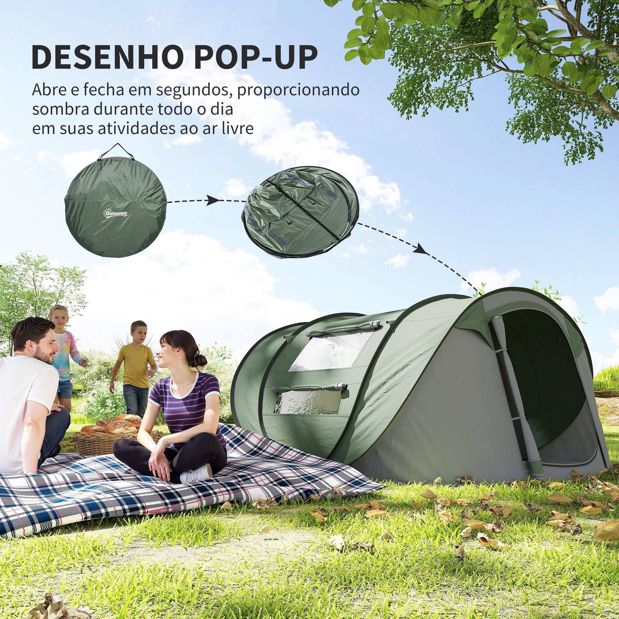 Tenda de Campismo Pop-up para 2-3 Pessoas 263,5x220x123 cm Verde e Cinzento