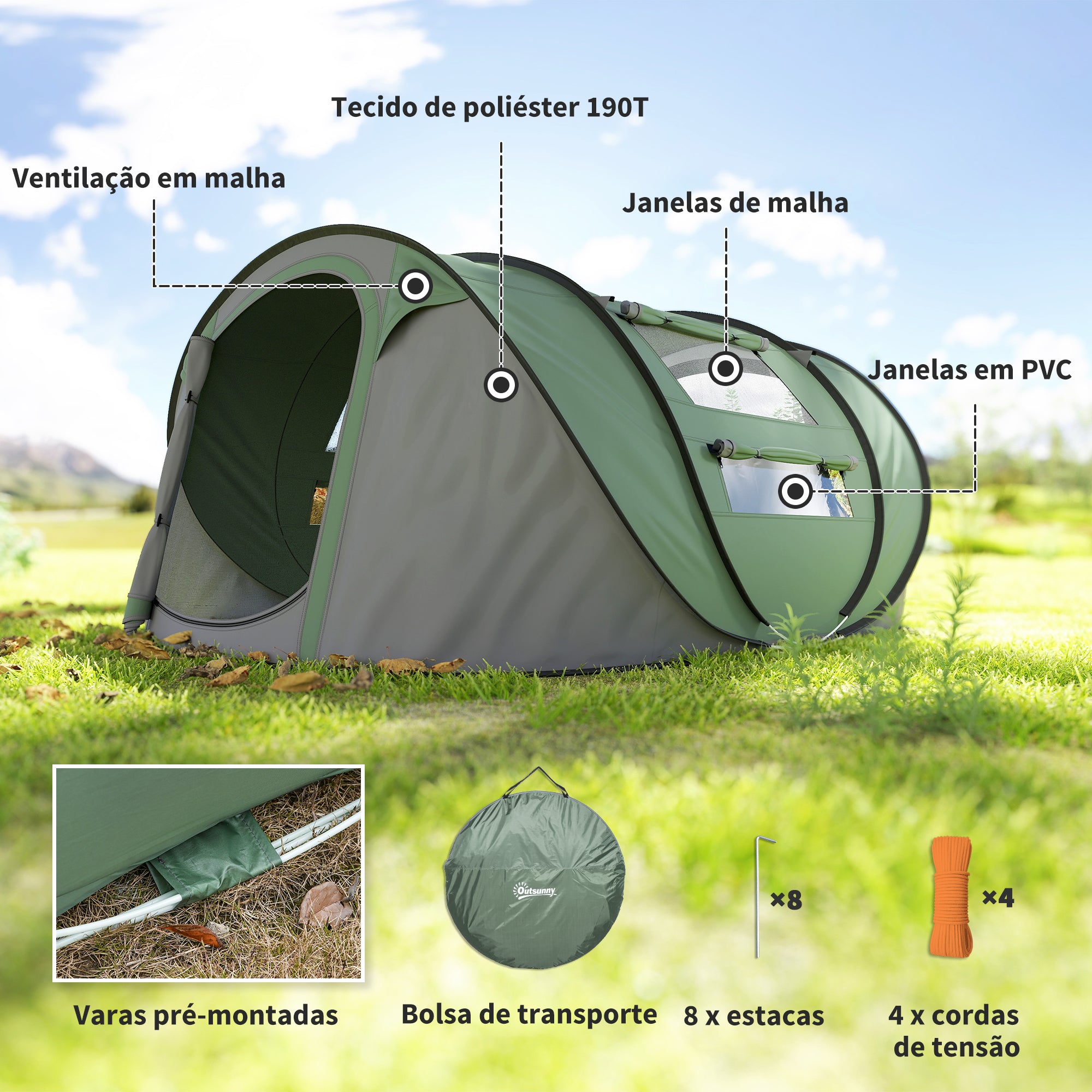Tenda de Campismo Pop-up para 2-3 Pessoas 263,5x220x123 cm Verde e Cinzento