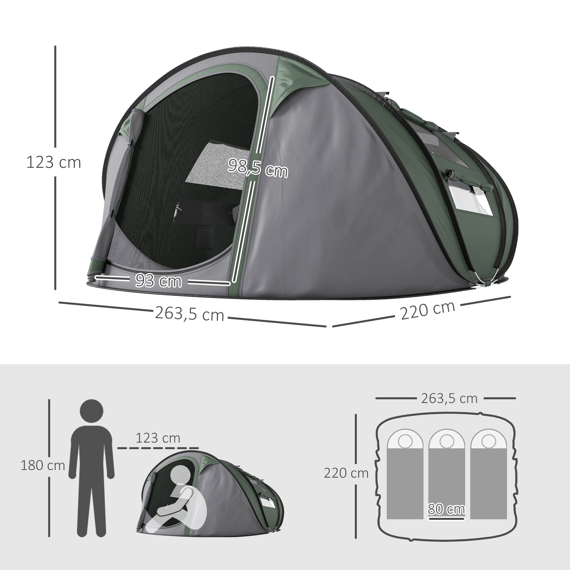 Tenda de Campismo Pop-up para 2-3 Pessoas 263,5x220x123 cm Verde e Cinzento