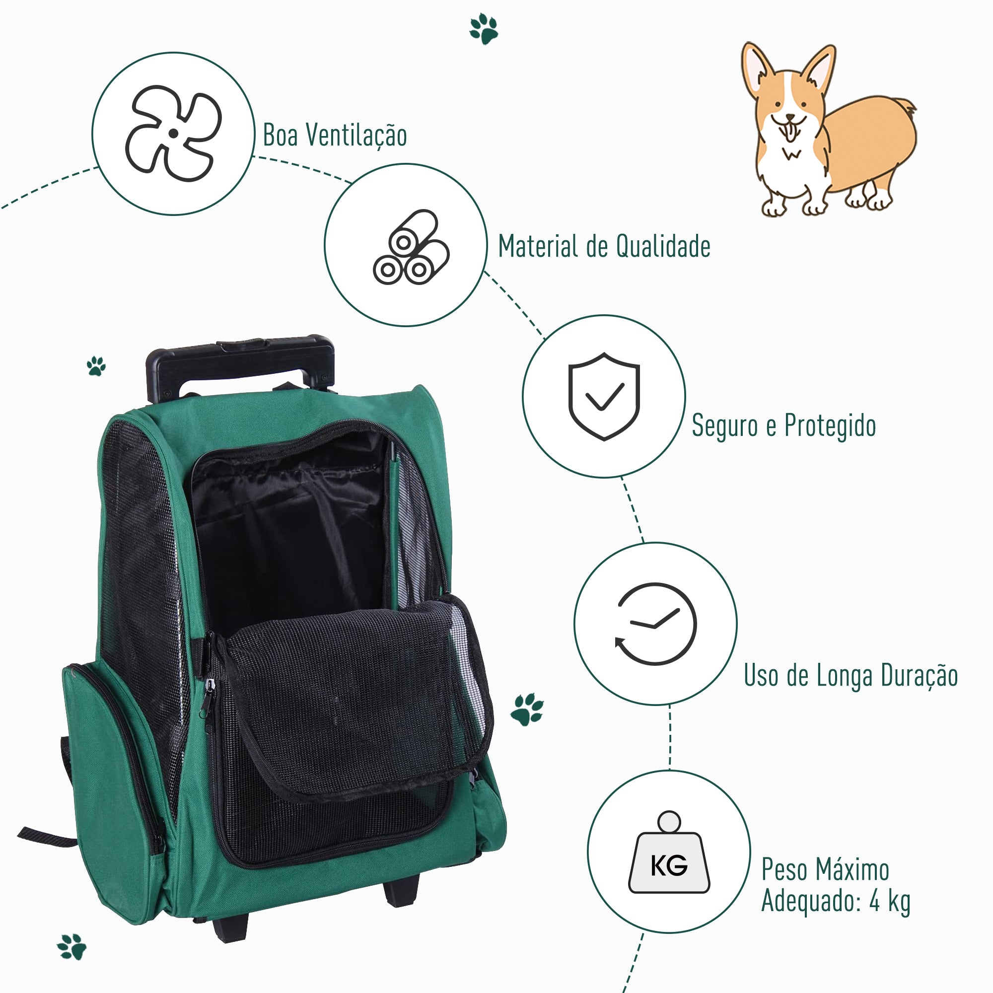 Transportadora 2 em 1 para Animais de Estimação - 42x25x55cm - Verde