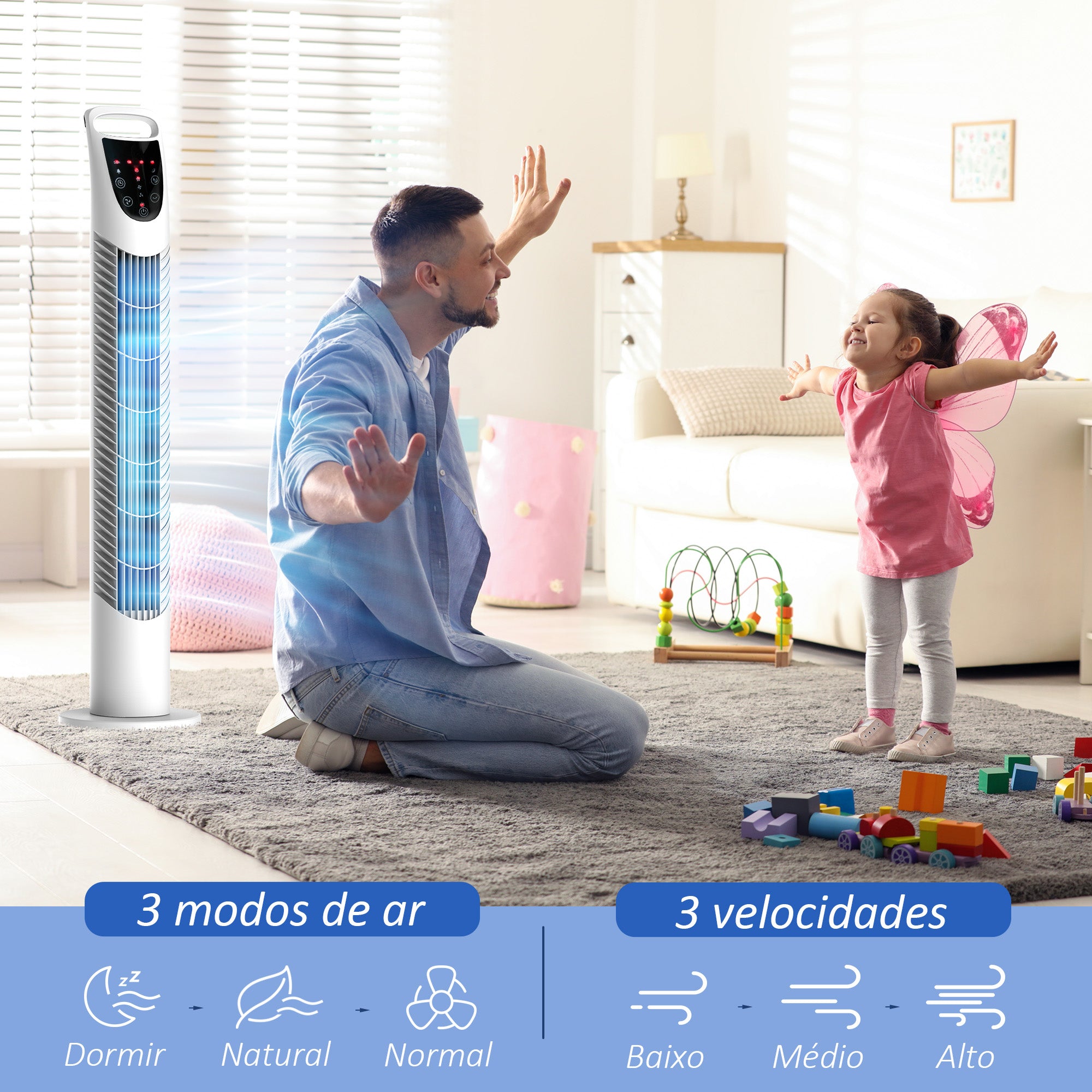 Ventoinha de Coluna Ø18x78,5 cm Branco - 3 Modos, 3 Velocidades, Temporizador 7,5h