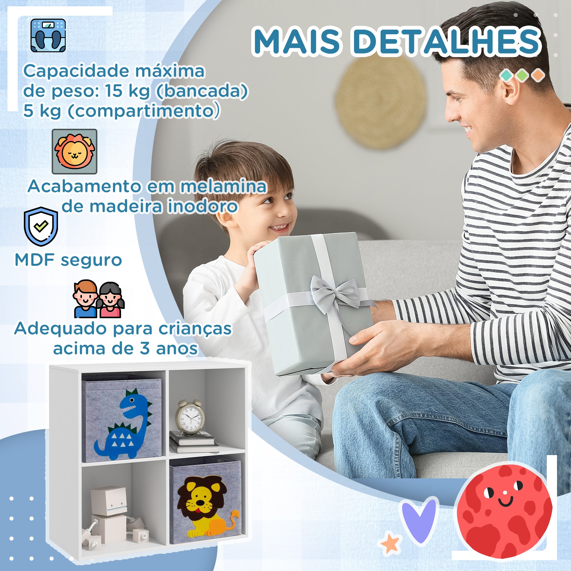 Estante para Brinquedos com 4 Compartimentos - 61,8x29,9x61,8 cm - Branco e Cinza