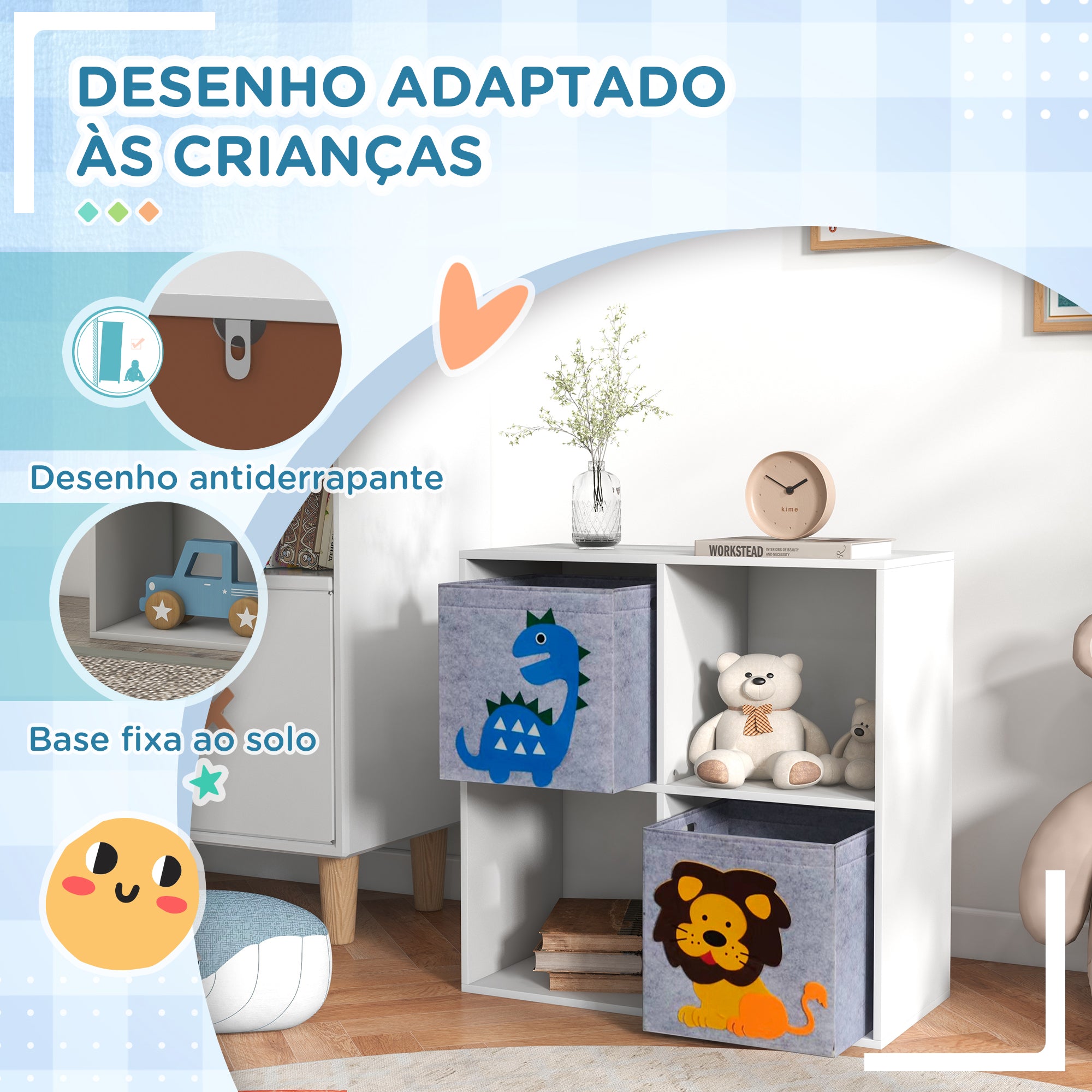 Estante para Brinquedos com 4 Compartimentos - 61,8x29,9x61,8 cm - Branco e Cinza