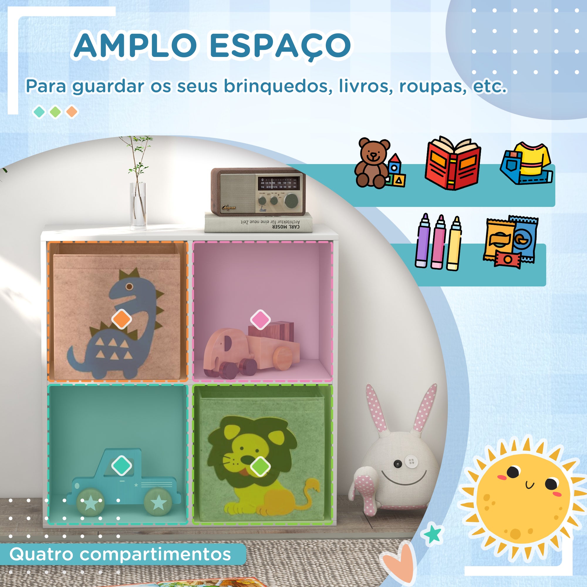 Estante para Brinquedos com 4 Compartimentos - 61,8x29,9x61,8 cm - Branco e Cinza