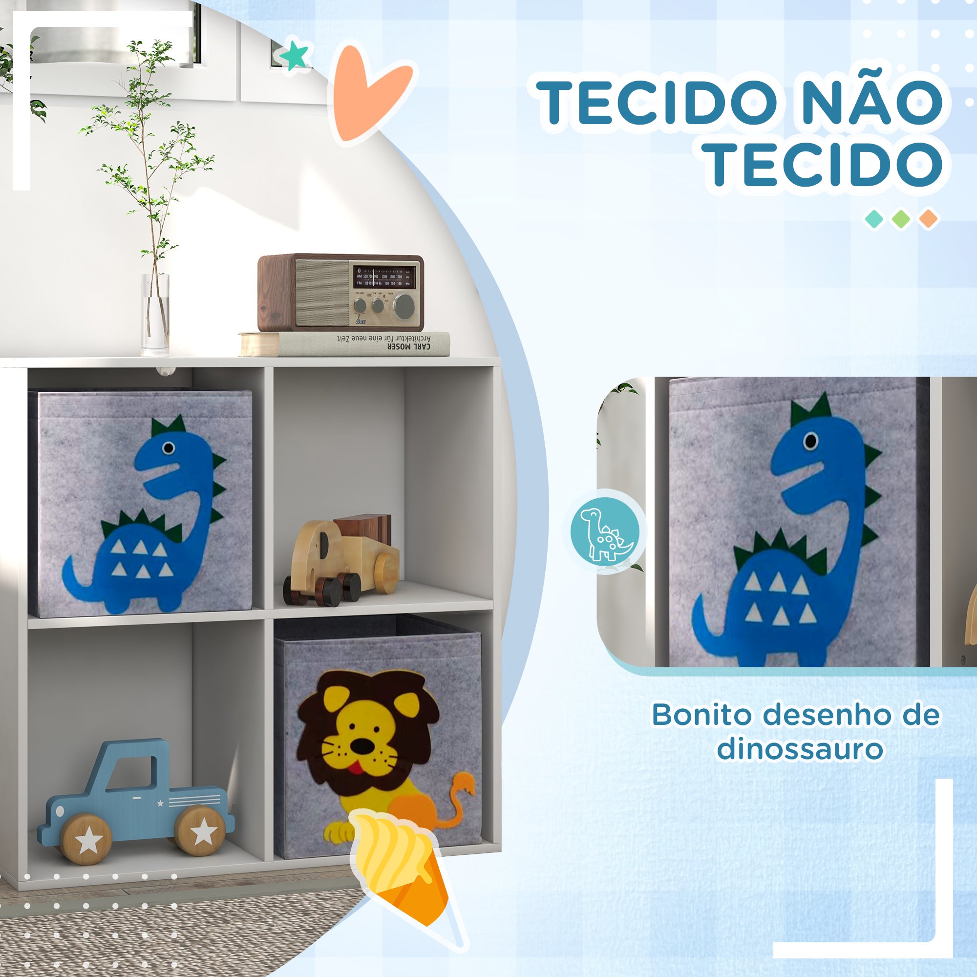 Estante para Brinquedos com 4 Compartimentos - 61,8x29,9x61,8 cm - Branco e Cinza