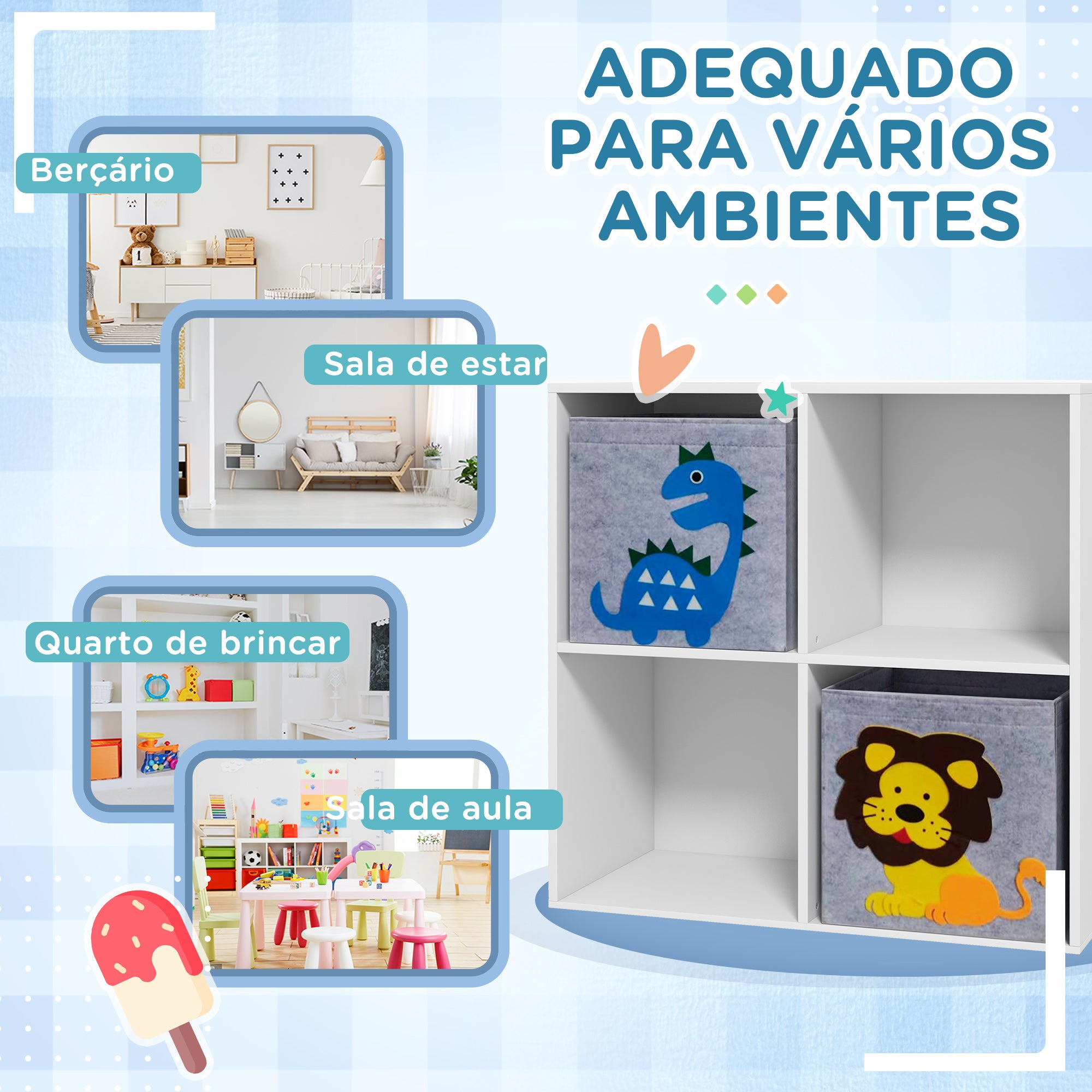 Estante para Brinquedos com 4 Compartimentos - 61,8x29,9x61,8 cm - Branco e Cinza