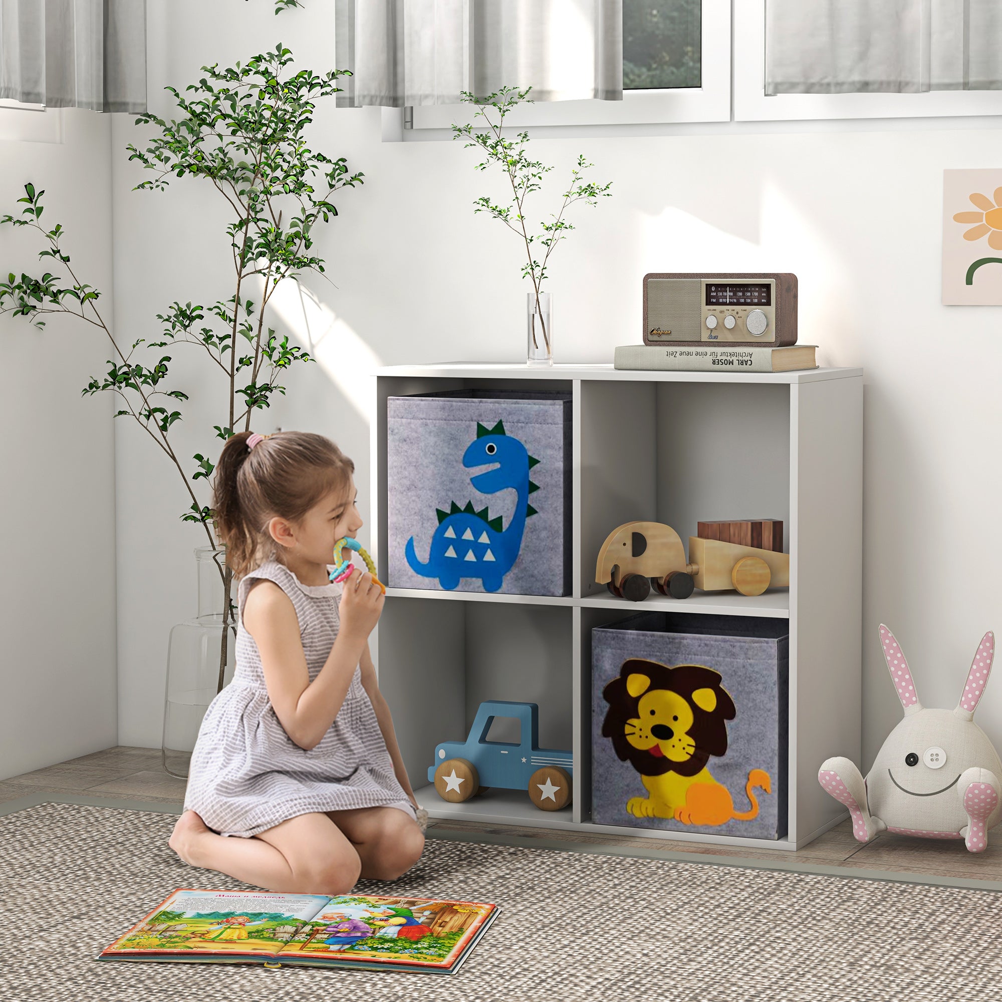 Estante para Brinquedos com 4 Compartimentos - 61,8x29,9x61,8 cm - Branco e Cinza