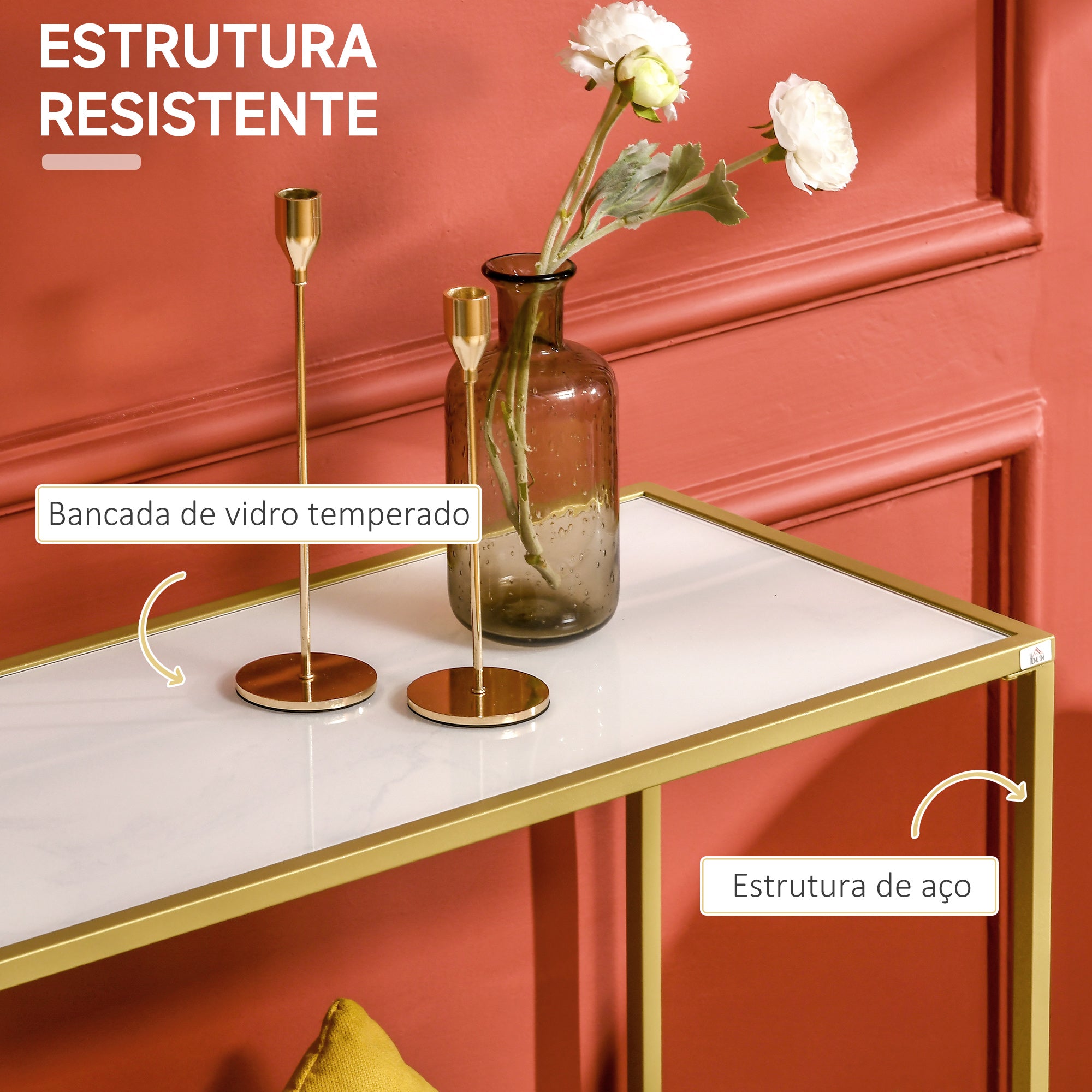 Mesa Consola com Vidro Temperado e Estrutura de Aço - 100,5x35,5x80cm - Branco e Dourado