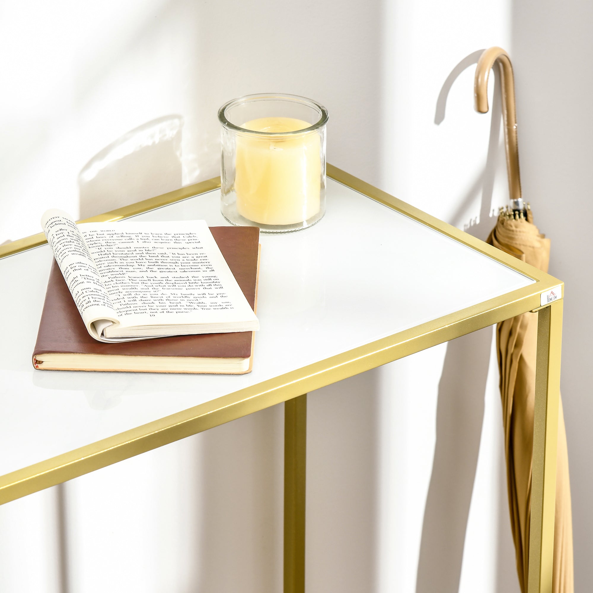 Mesa Consola com Vidro Temperado e Estrutura de Aço - 100,5x35,5x80cm - Branco e Dourado