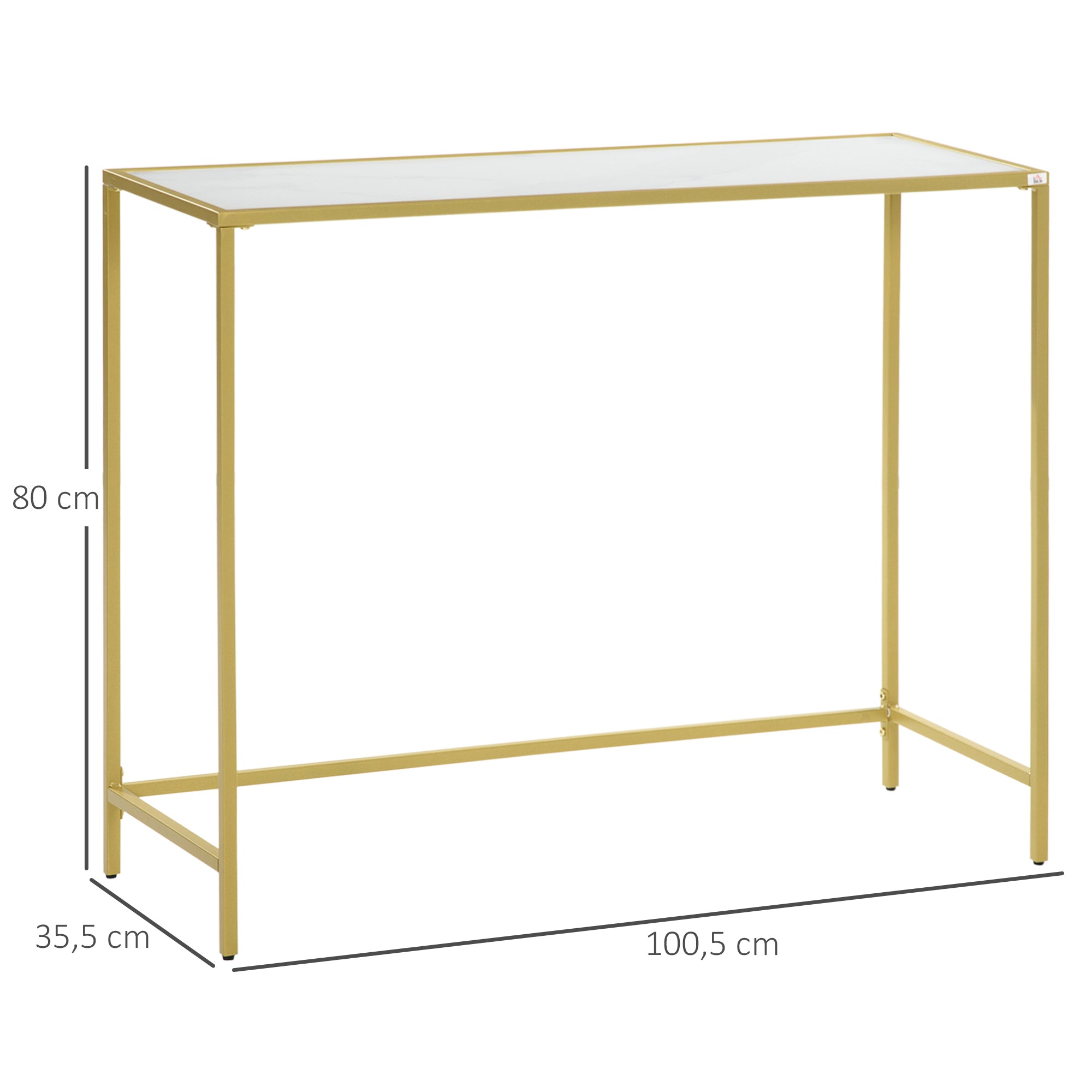 Mesa Consola com Vidro Temperado e Estrutura de Aço - 100,5x35,5x80cm - Branco e Dourado