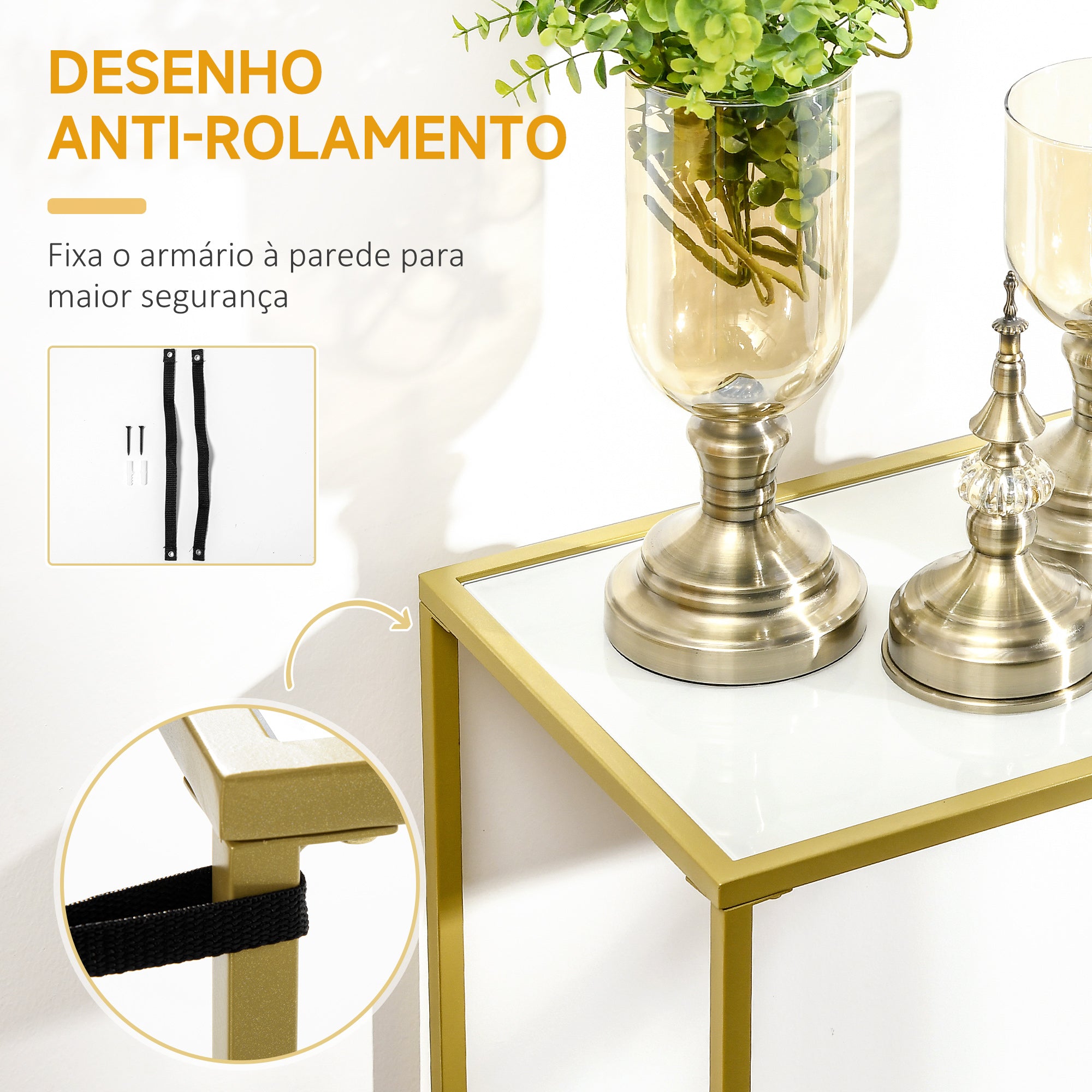 Mesa Consola com Vidro Temperado e Estrutura de Aço - 100,5x35,5x80cm - Branco e Dourado