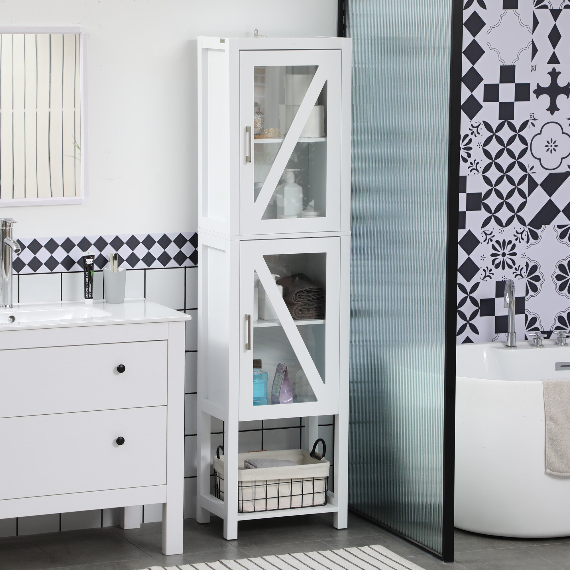 Coluna Casa de Banho Armário Alto com 2 Portas de Vidro 45x30x170 cm Branco