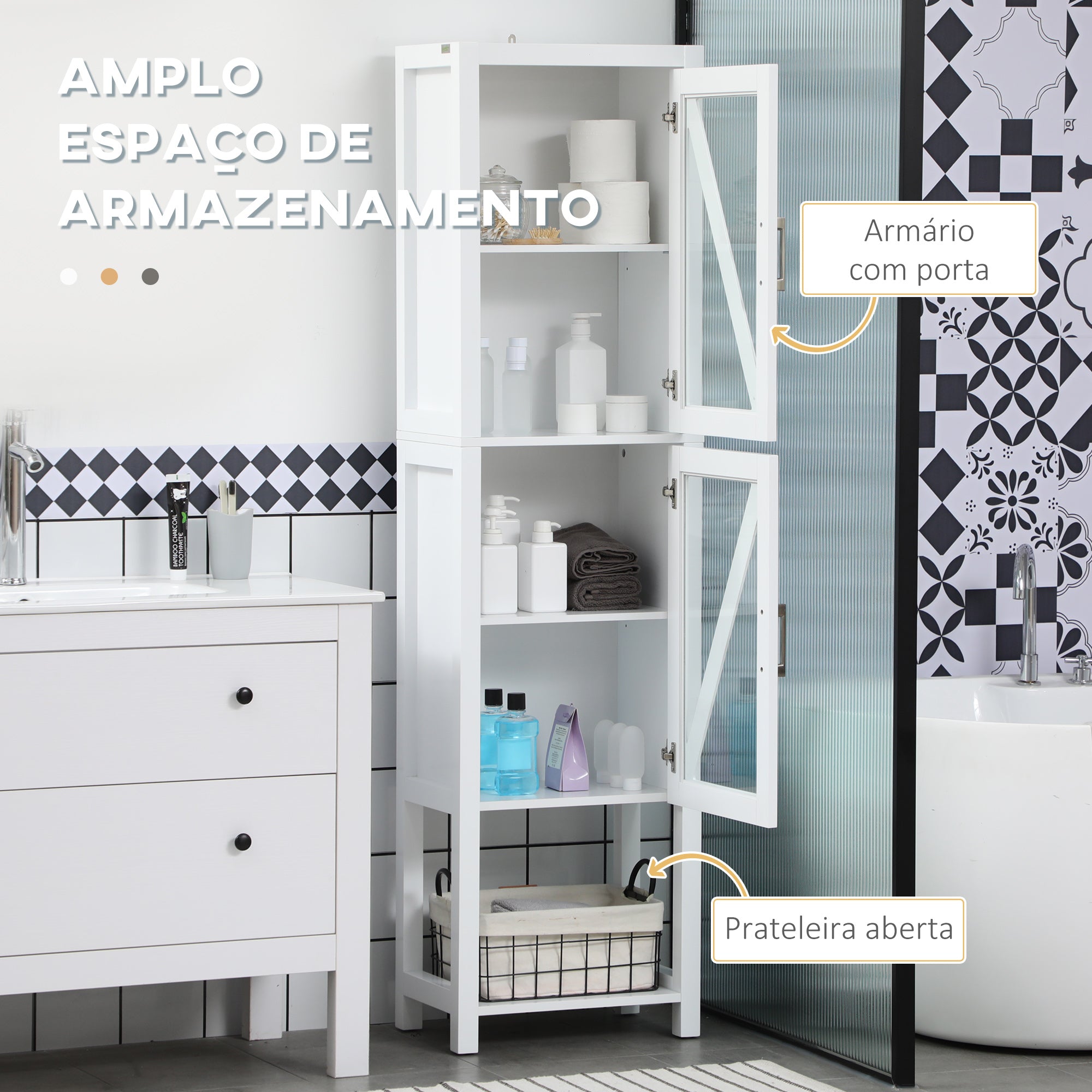 Coluna Casa de Banho Armário Alto com 2 Portas de Vidro 45x30x170 cm Branco