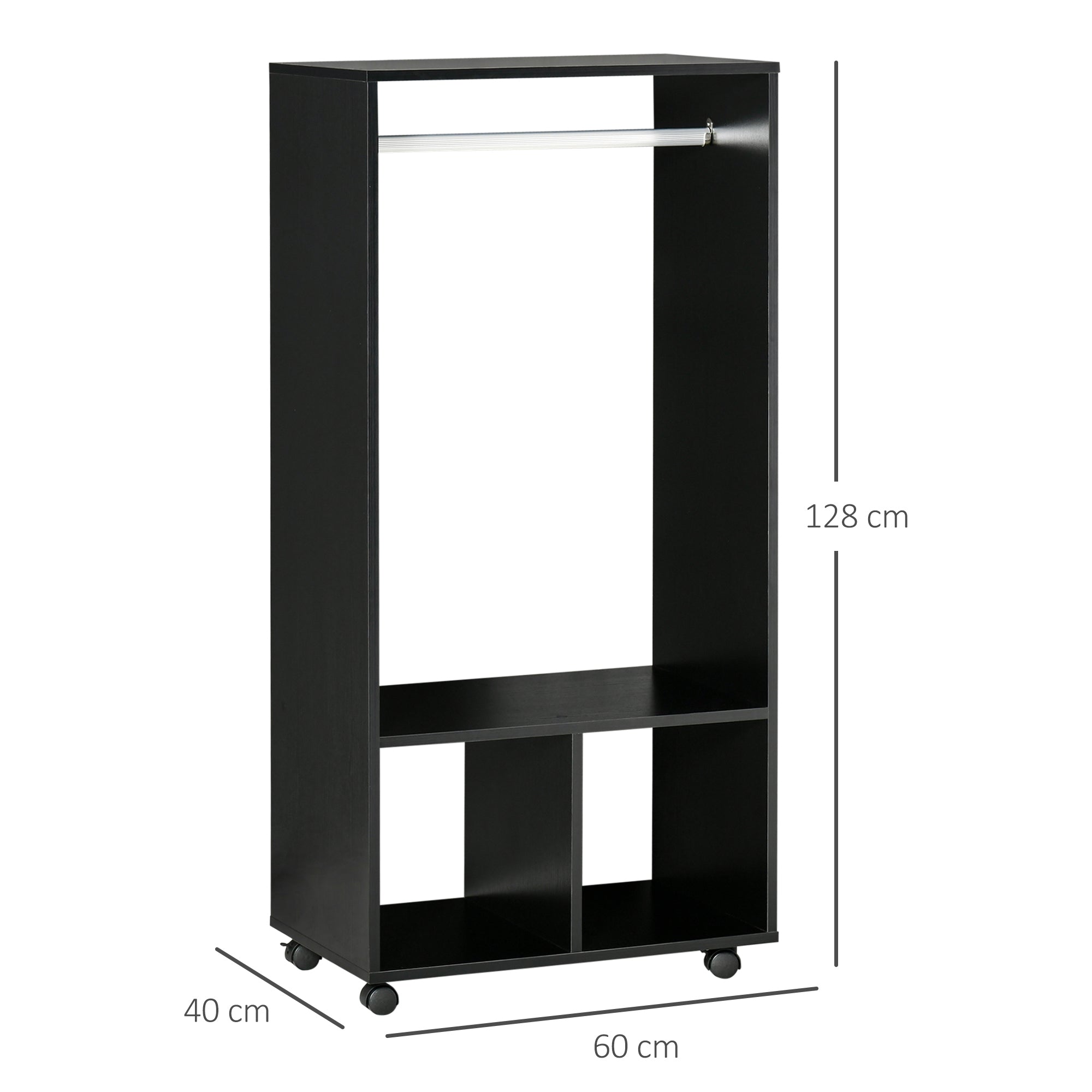 Roupeiro Aberto de Madeira com Barra para Pendurar e Prateleiras Organizadoras - 60x40x128cm Preto