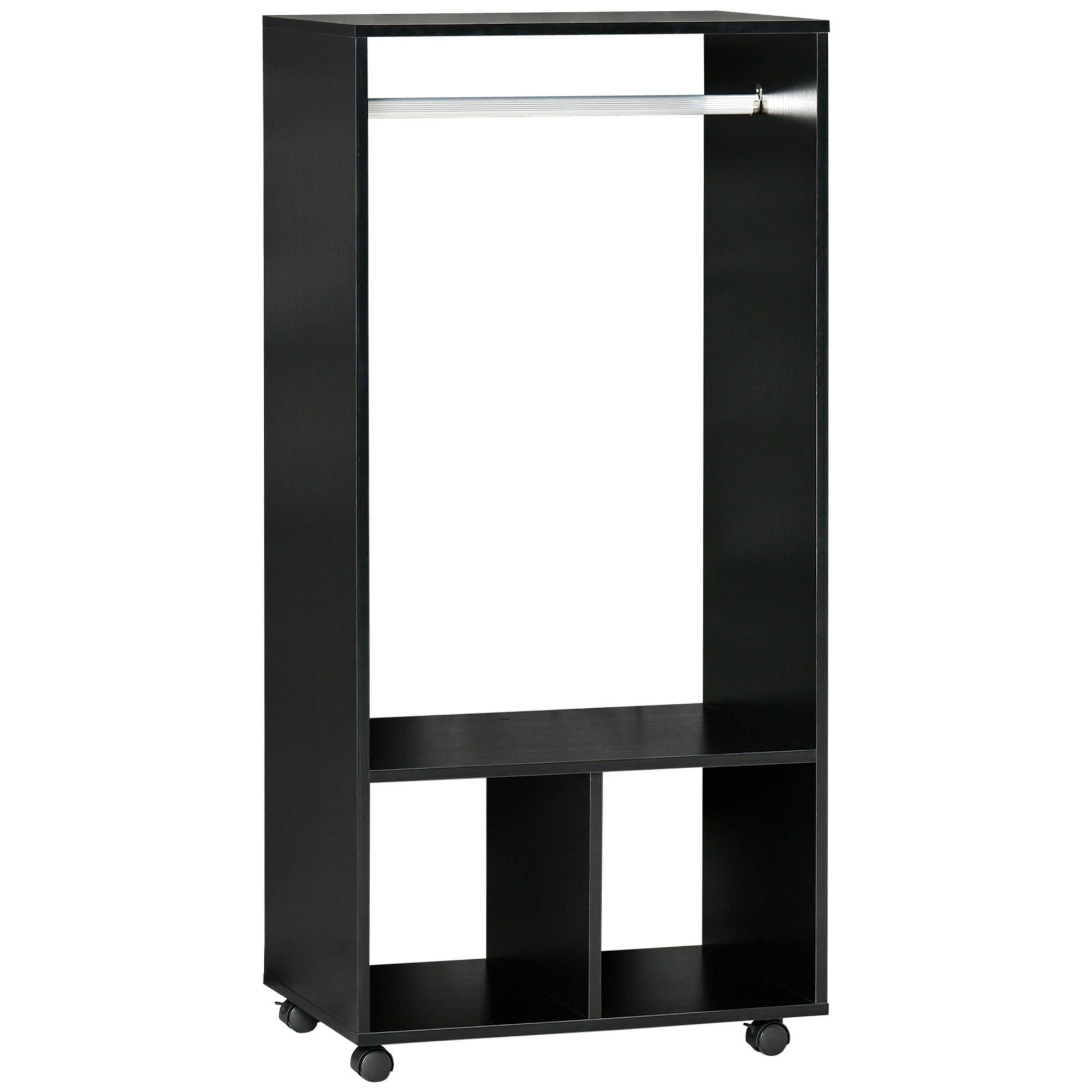 Roupeiro Aberto de Madeira com Barra para Pendurar e Prateleiras Organizadoras - 60x40x128cm Preto