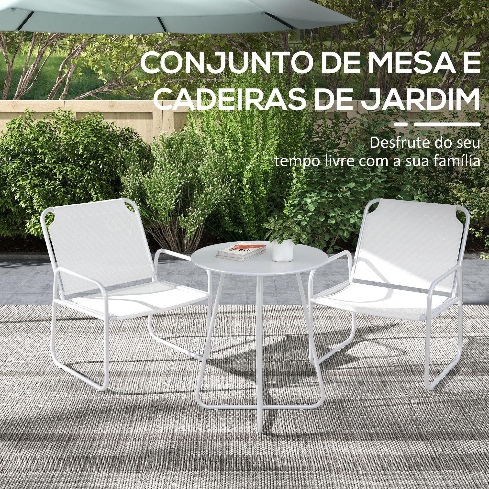 Conjunto de Móveis de Jardim Mesa Redonda e 2 Cadeiras Varanda Branco 63x57x82 cm