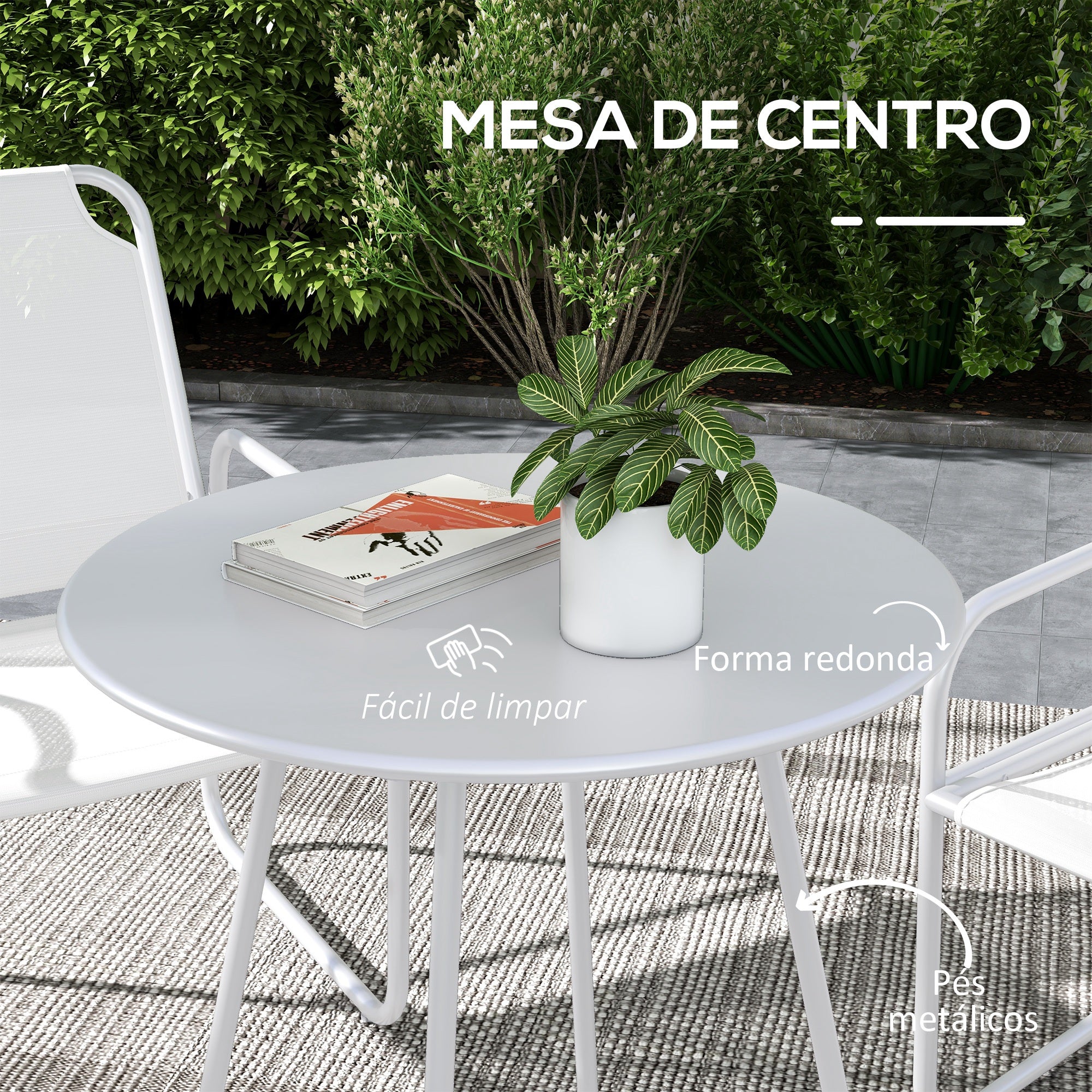 Conjunto de Móveis de Jardim Mesa Redonda e 2 Cadeiras Varanda Branco 63x57x82 cm