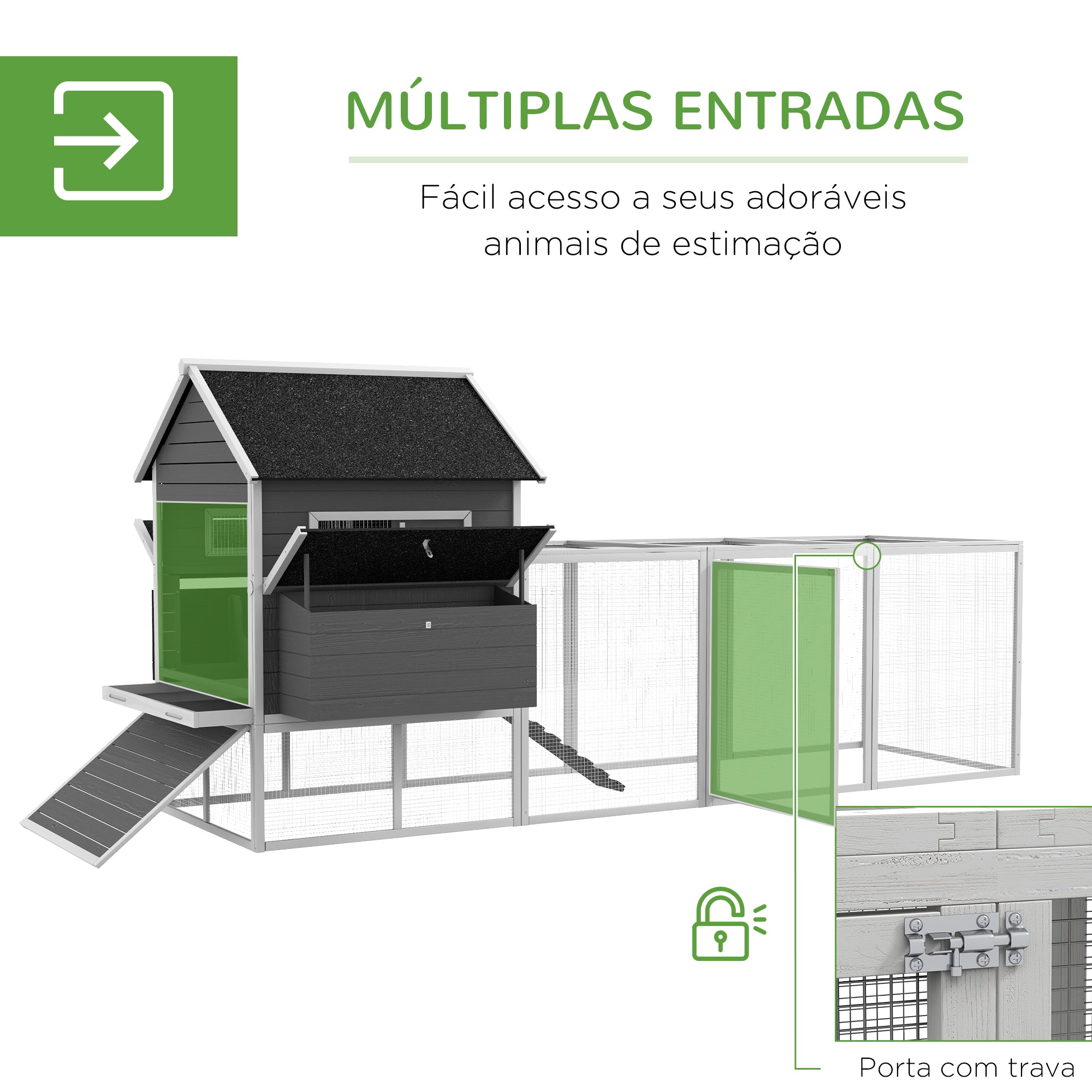Galinheiro de Exterior Grande – 347x160x150 cm – Cinza – Madeira de abeto e arame metálico