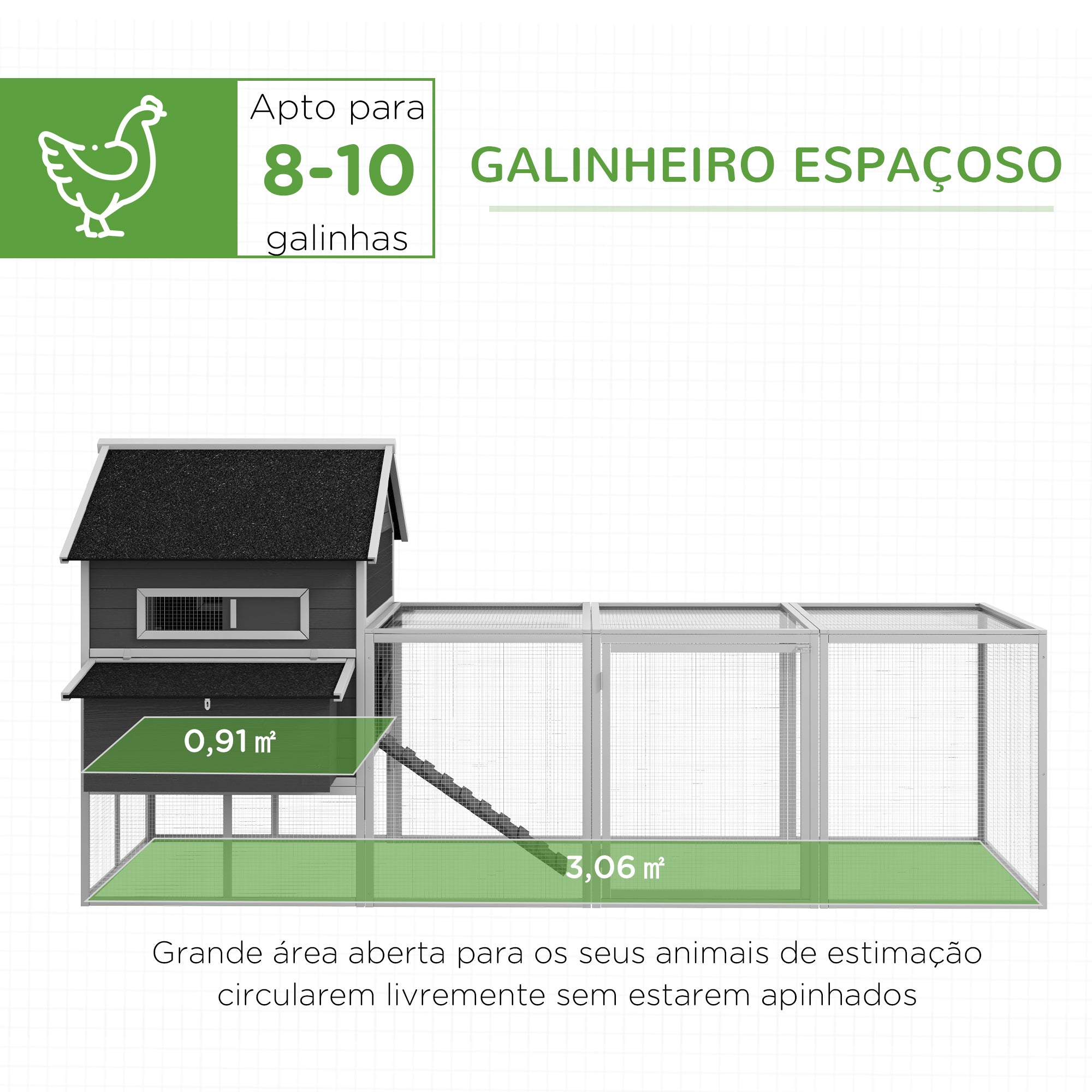 Galinheiro de Exterior Grande – 347x160x150 cm – Cinza – Madeira de abeto e arame metálico