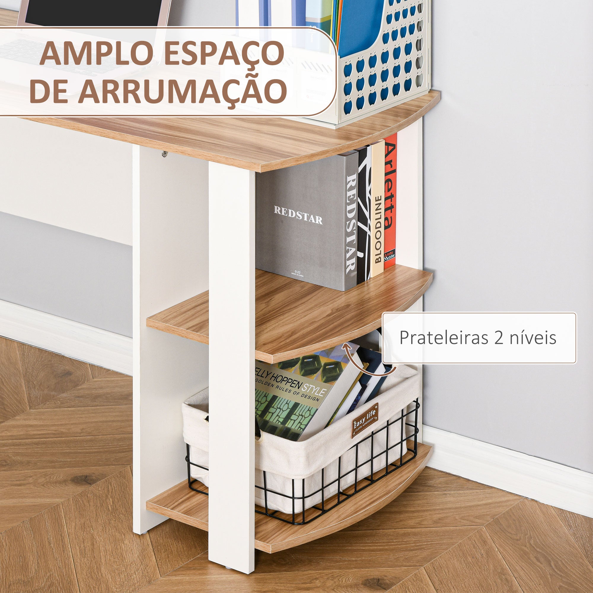Secretária de Canto em Forma de L 136x130x72 cm Branco e Madeira