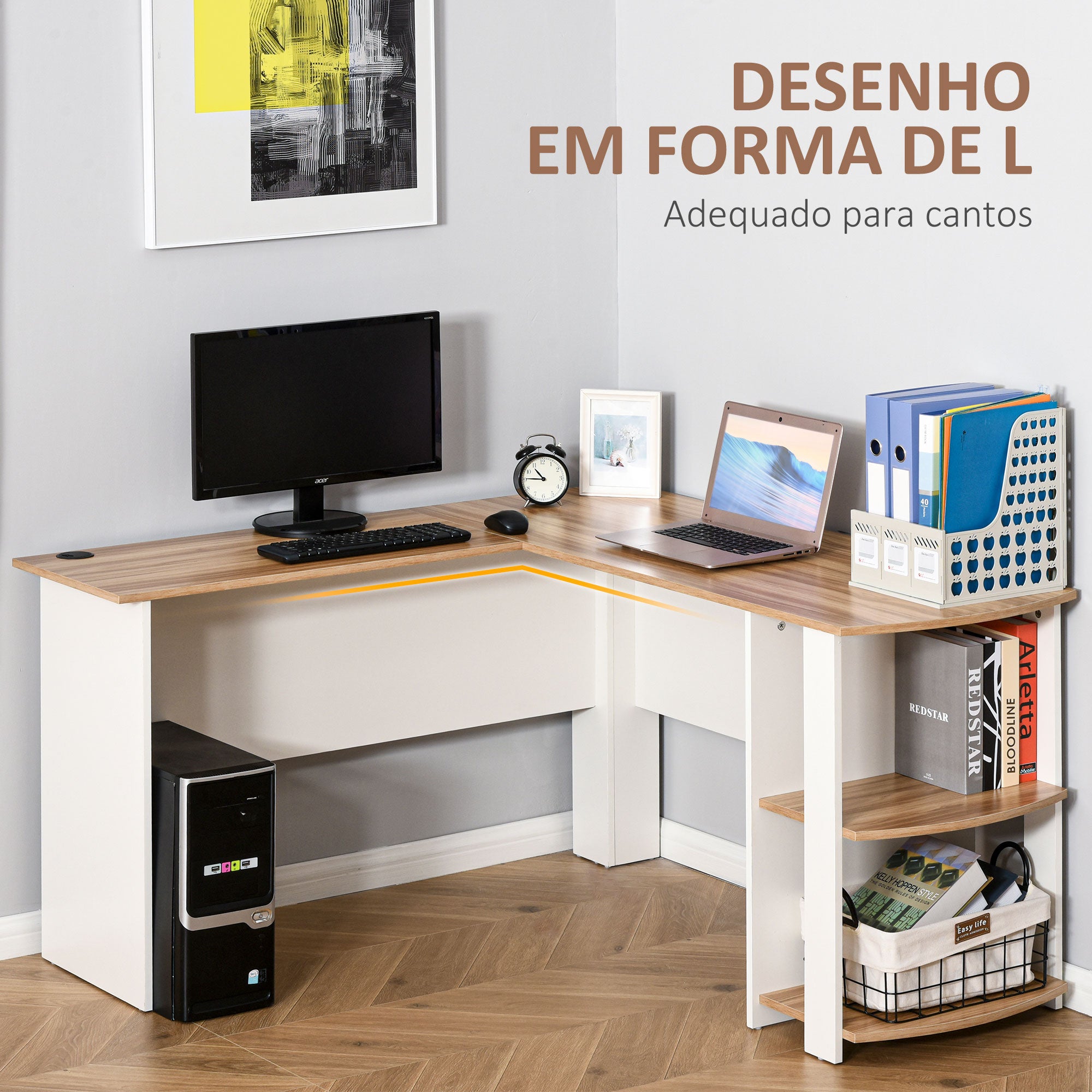 Secretária de Canto em Forma de L 136x130x72 cm Branco e Madeira