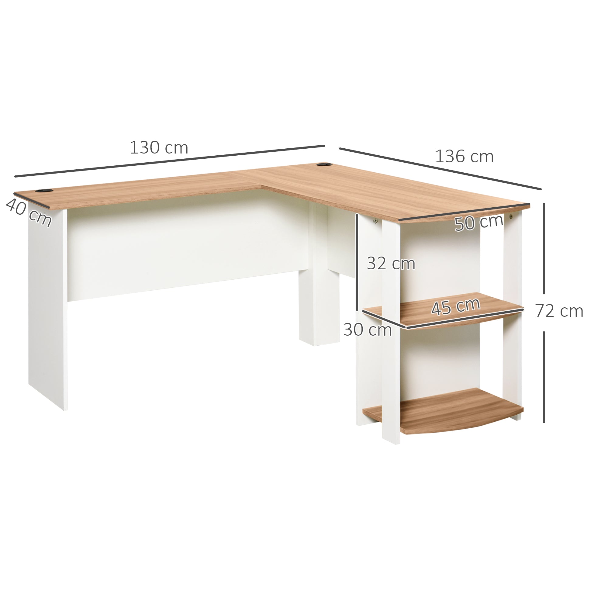 Secretária de Canto em Forma de L 136x130x72 cm Branco e Madeira