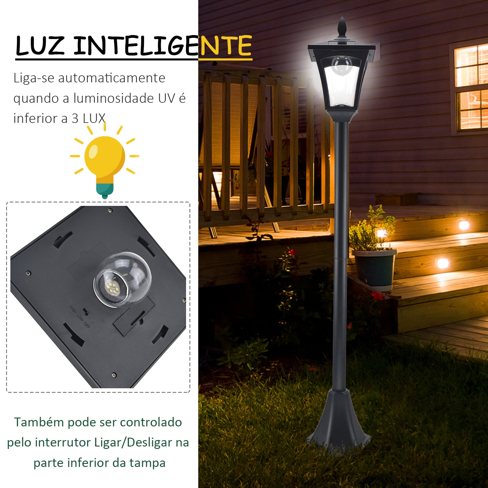 Candeeiro Solar para Exterior 18x18x160 cm - Cor Preto