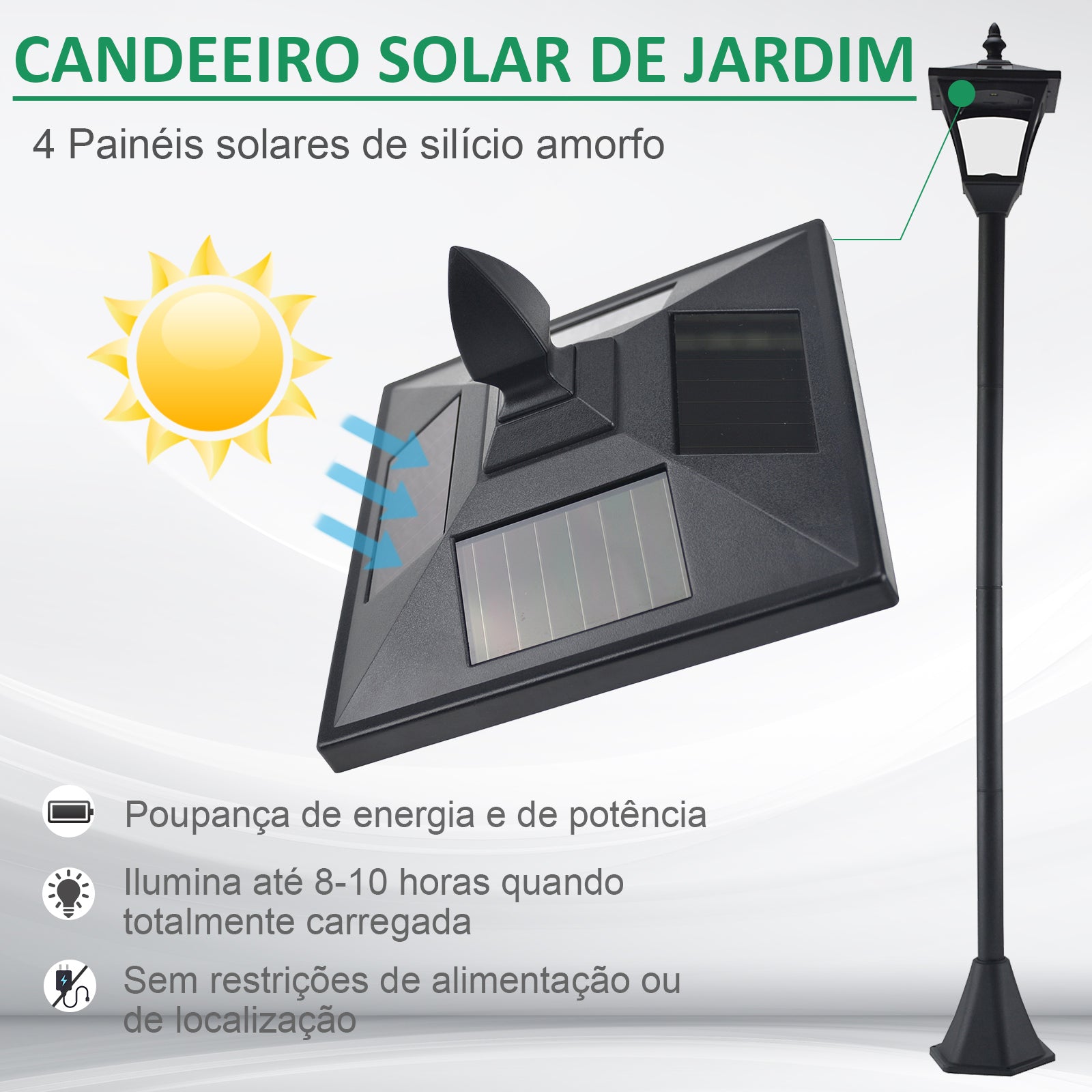 Candeeiro Solar para Exterior 18x18x160 cm - Cor Preto