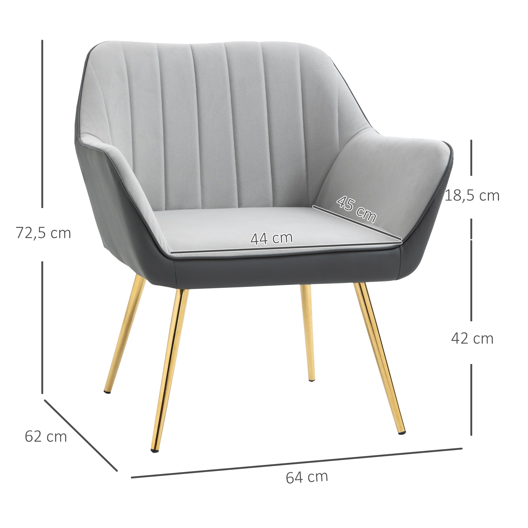 Poltrona de Sala de Estar em Couro Sintético e Veludo Cinzento 64x62x72,5 cm