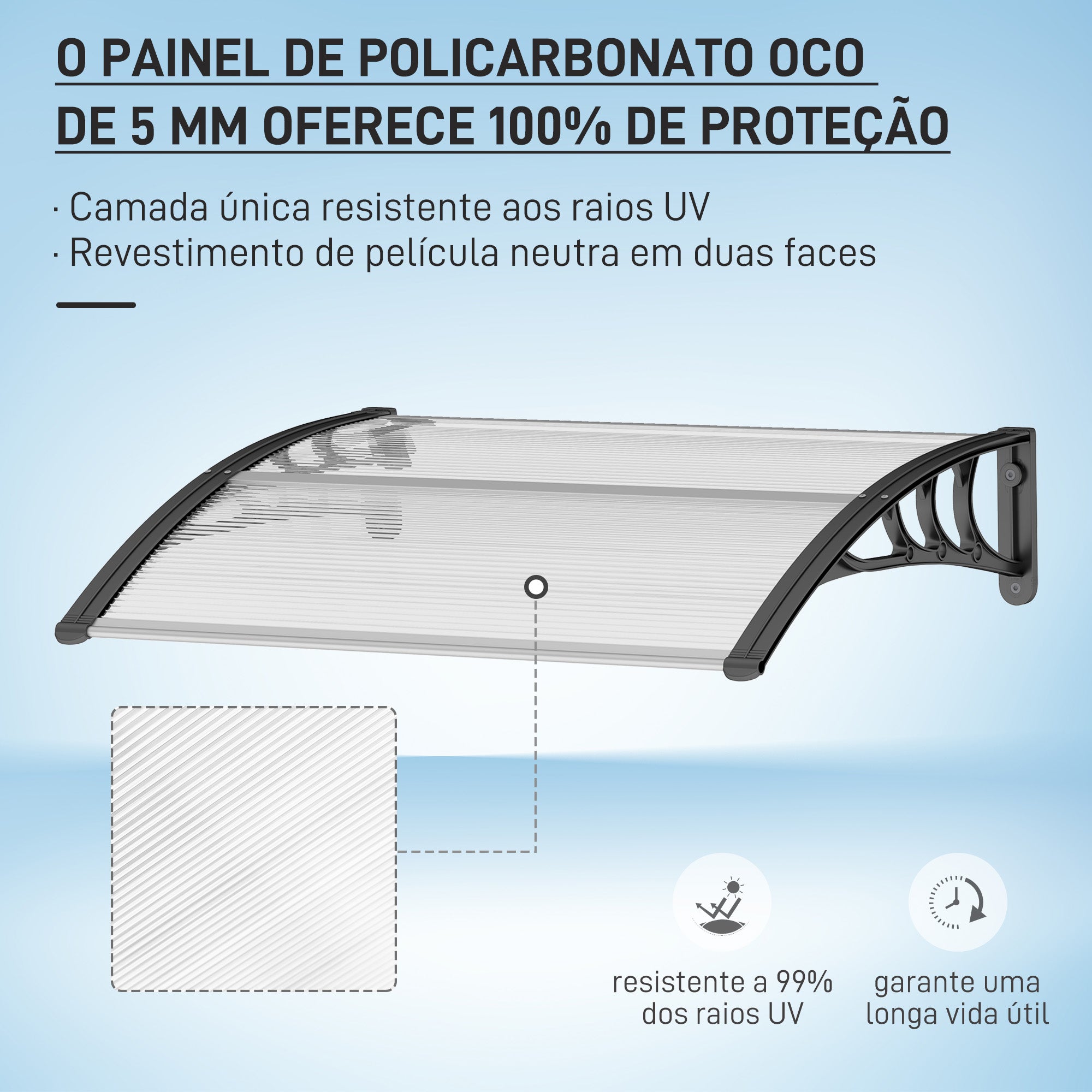 Marquise de Proteção/Toldo – 75x100 cm – Transparente e Preto – Policarbonato, Alumínio e PP
