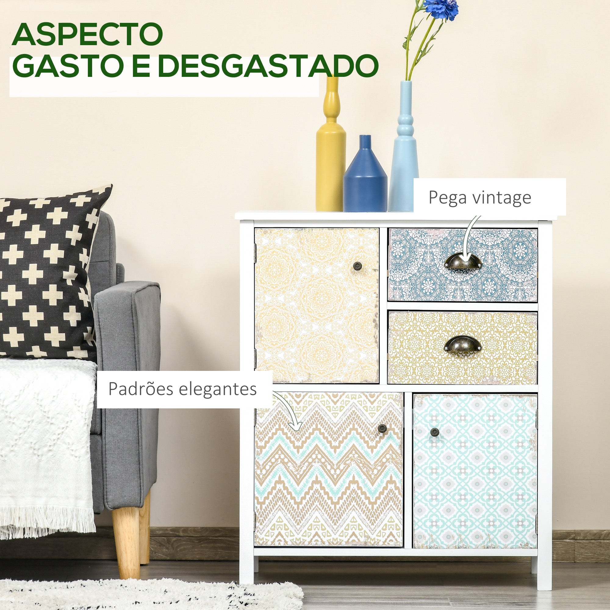 Cómoda Boémia Multicor – 68x34x80 cm – MDF e madeira