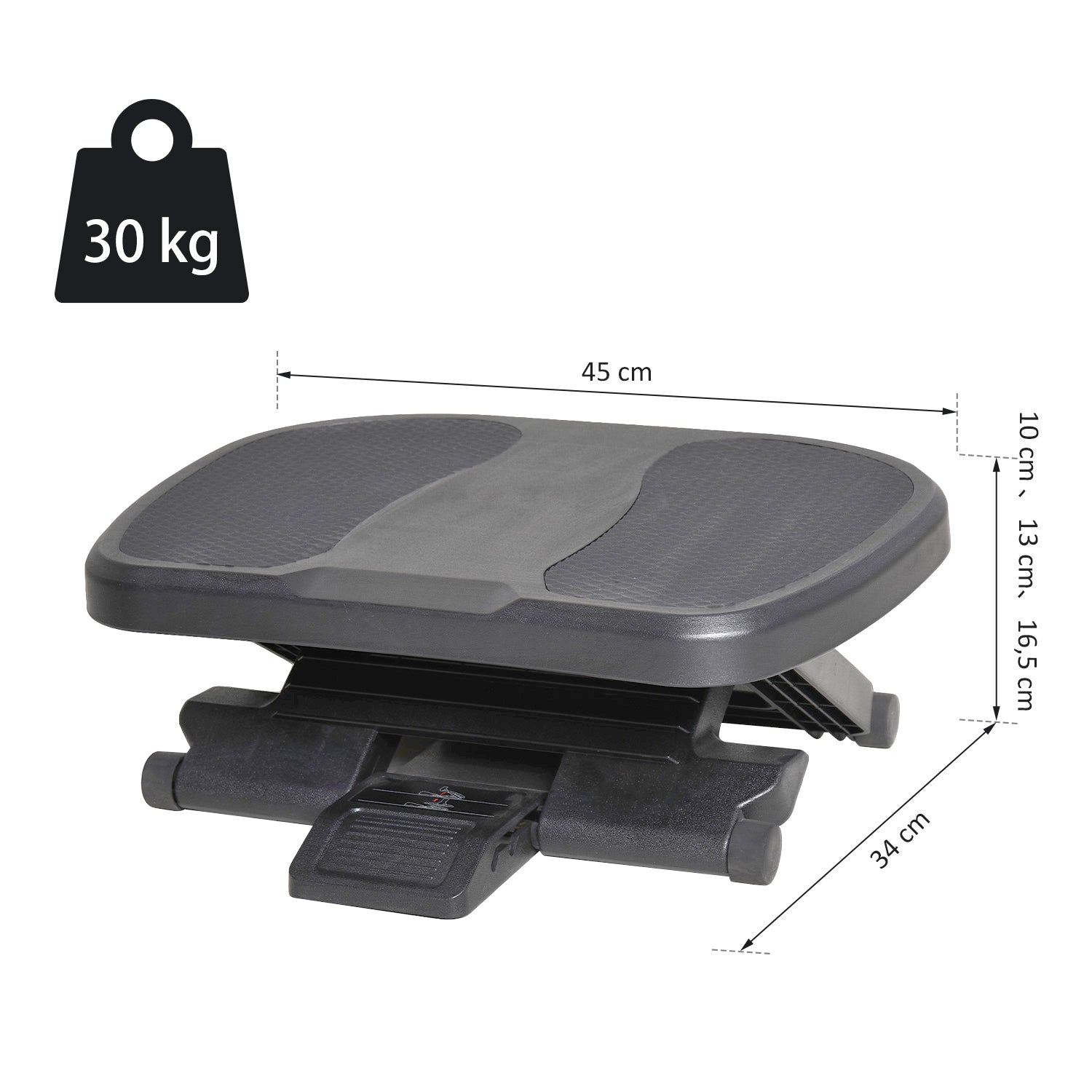 Apoio para os Pés com Inclinação de 0-30° e Massagem - 45x34x10-16,5 cm - Cor Preto