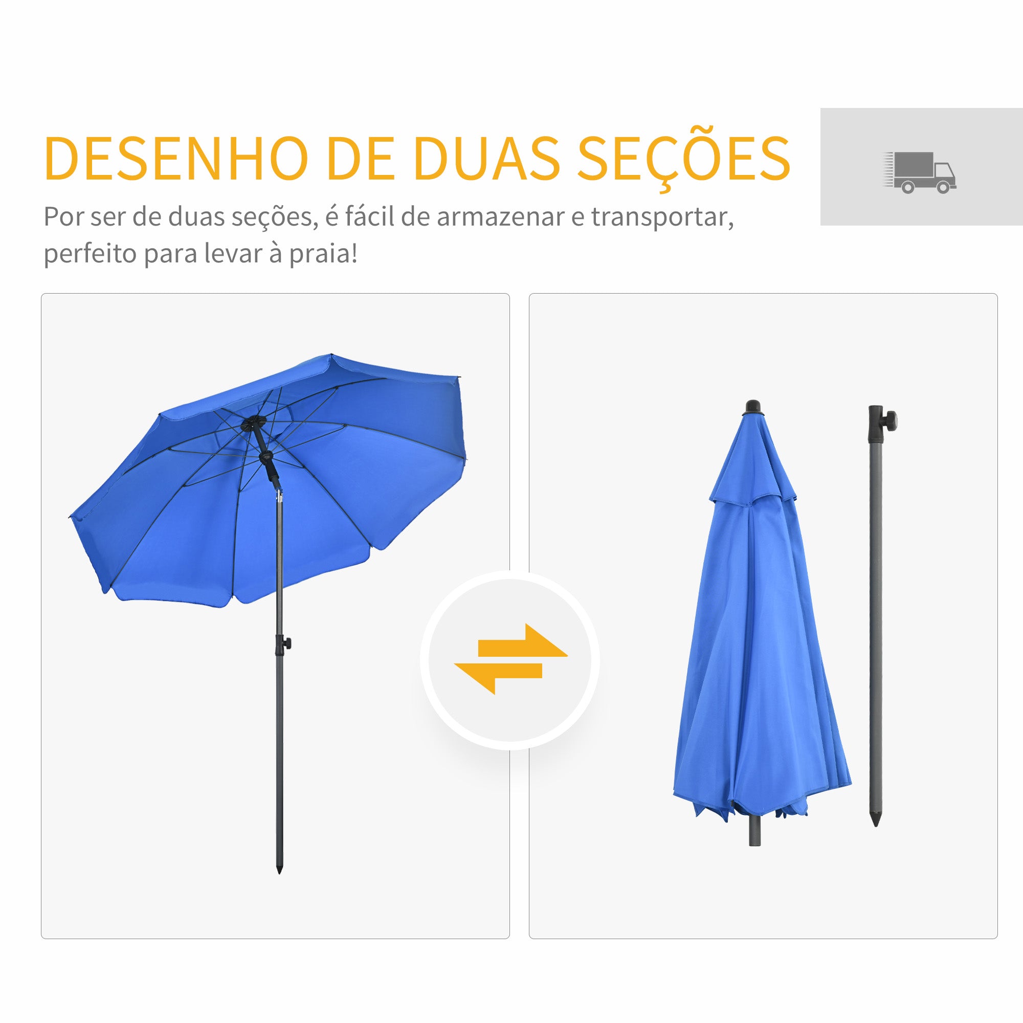 Chapéu de Sol de Praia Ø180 cm Azul - Proteção UV50+ e Ângulo Ajustável