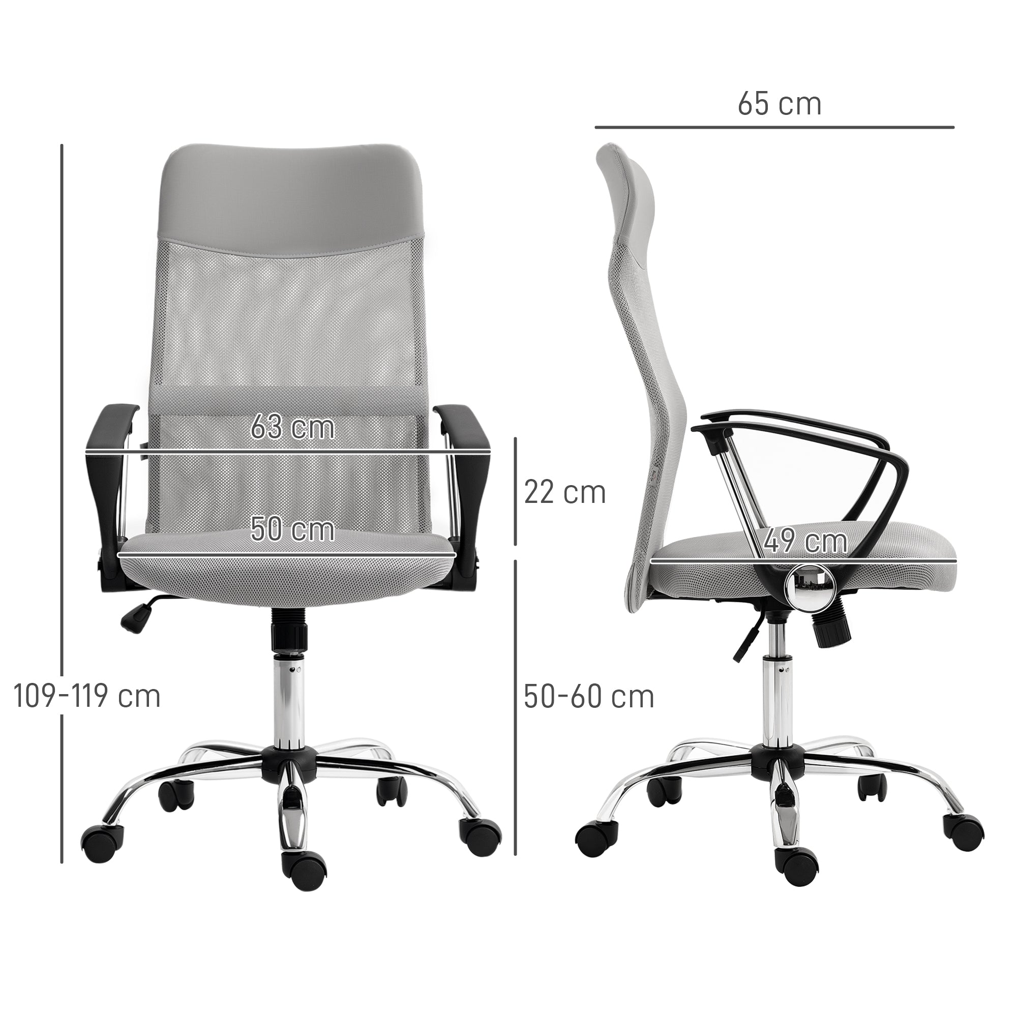 Cadeira de Escritório Cinzenta 63x65x109-119 cm com Encosto de Cabeça e Mecanismo de Inclinação